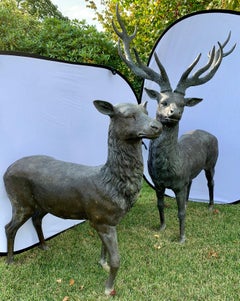 Life-Size Cast Bronze Male Reindeer and Female Deer Statues