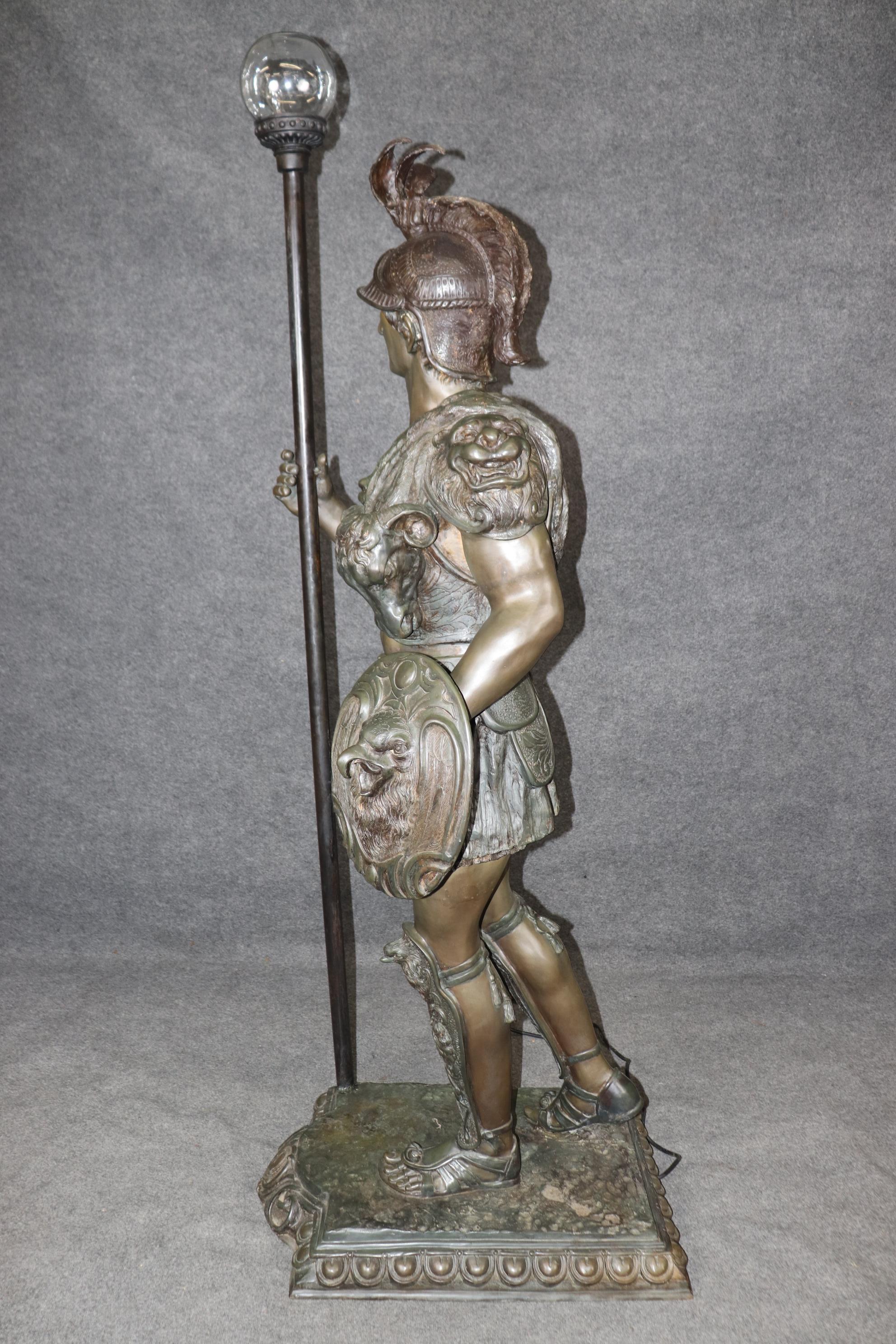 Life Size Cast Bronze Roman Centurion Soldier Torchiere Floor Lamp Circa 1920 In Good Condition For Sale In Swedesboro, NJ
