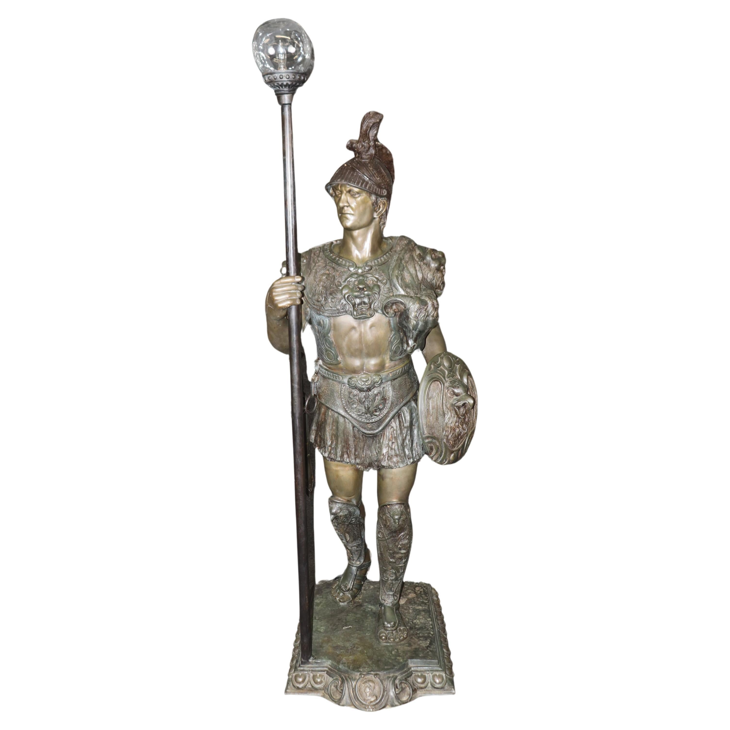 Life Size Cast Bronze Roman Centurion Soldier Torchiere Floor Lamp Circa 1920