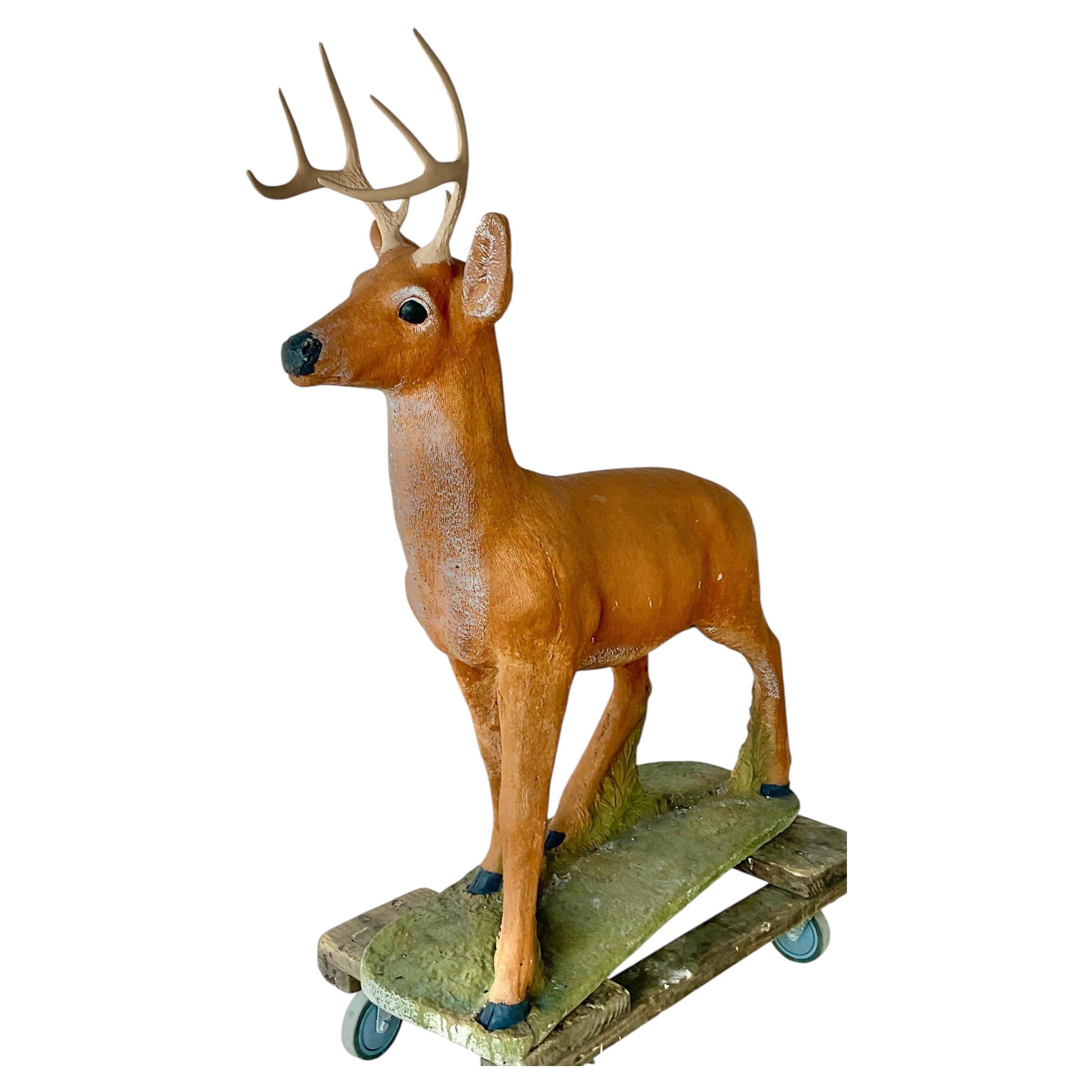 Life-Size Cast Concrete Deer Sculpture, Rustic Garden Accent