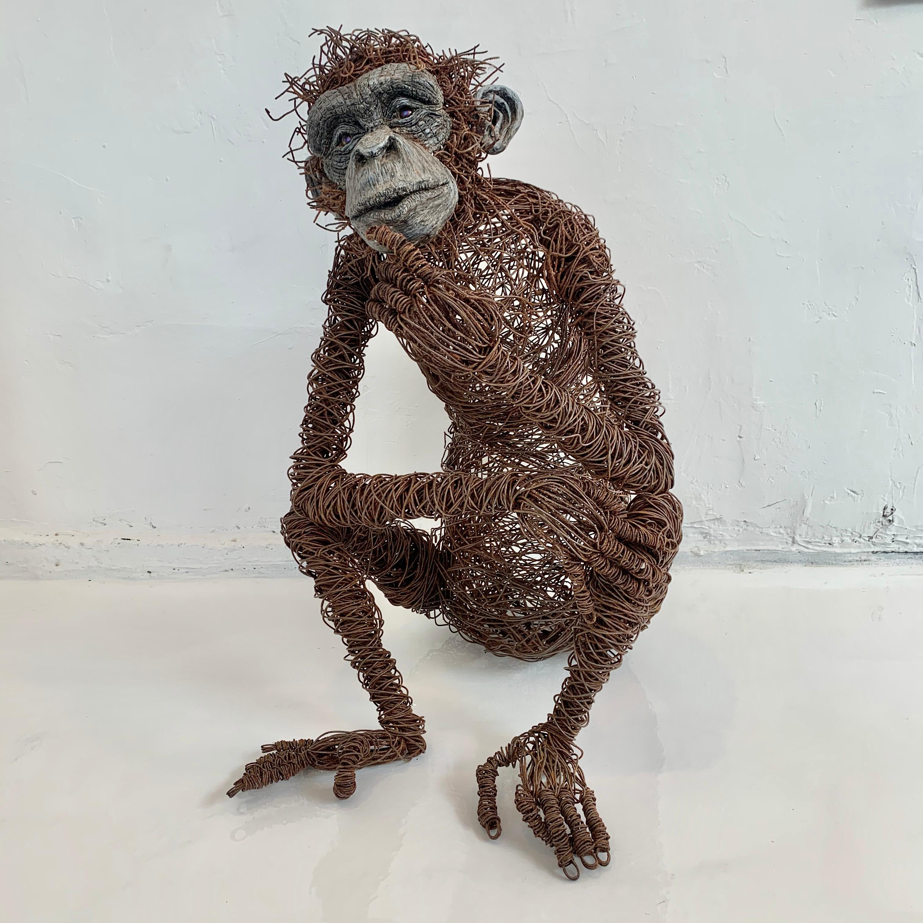 Fantastic metal sculpture of a chimpanzee. Heavy gauge wire wrapped beautifully. Seated position and seemingly deep in thought. Likely made for the outdoors due to the patina. Perfect indoors or out. Great expression on the face. Life-like. Very