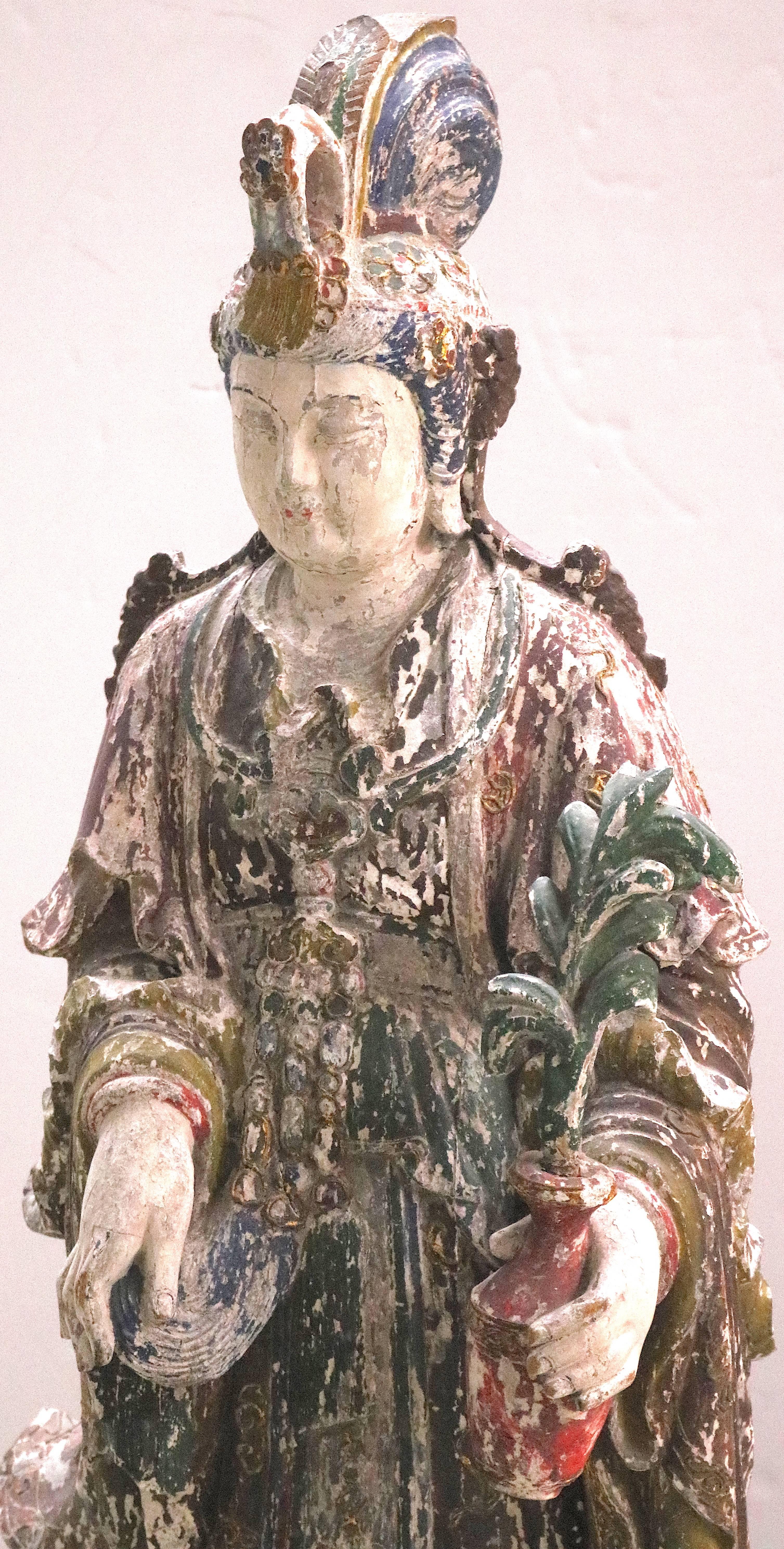 Asian Nr. Life-Size Wood Carved Quan Yin Standing Statue in Regal Repose For Sale