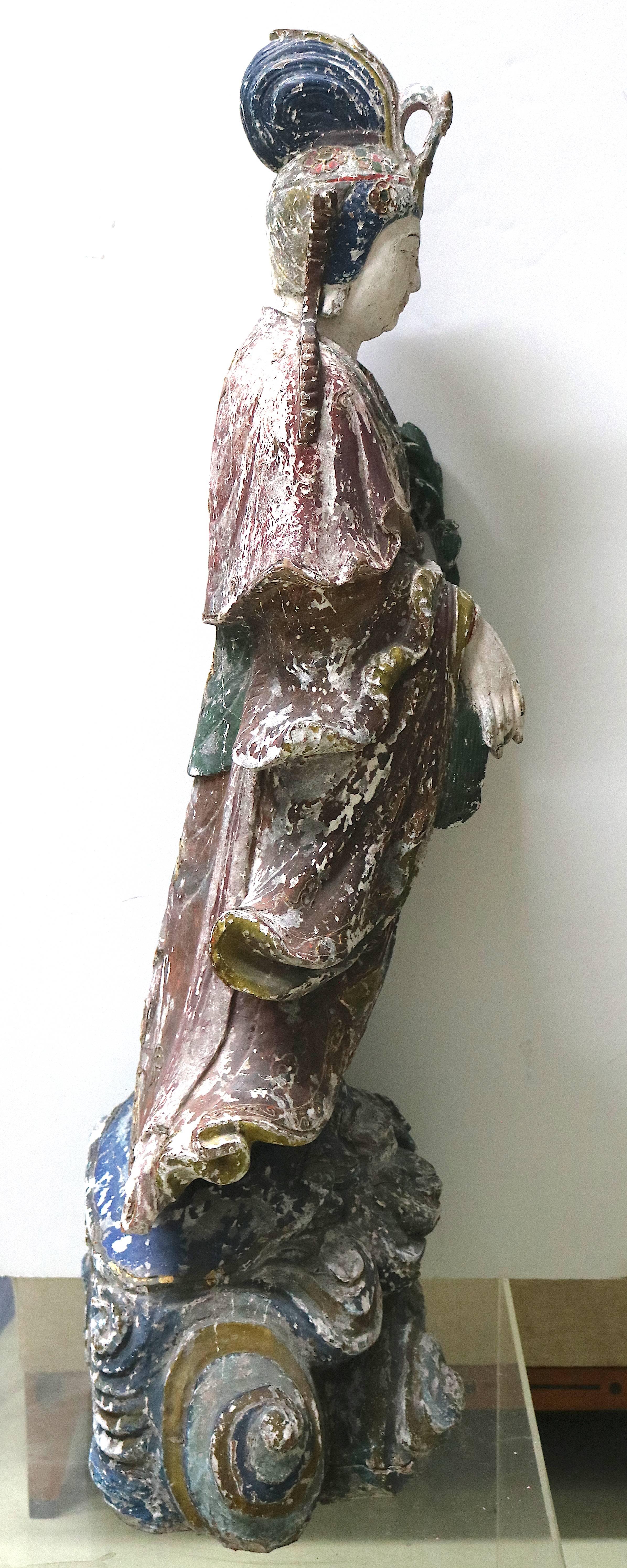 Hand-Carved Nr. Life-Size Wood Carved Quan Yin Standing Statue in Regal Repose For Sale