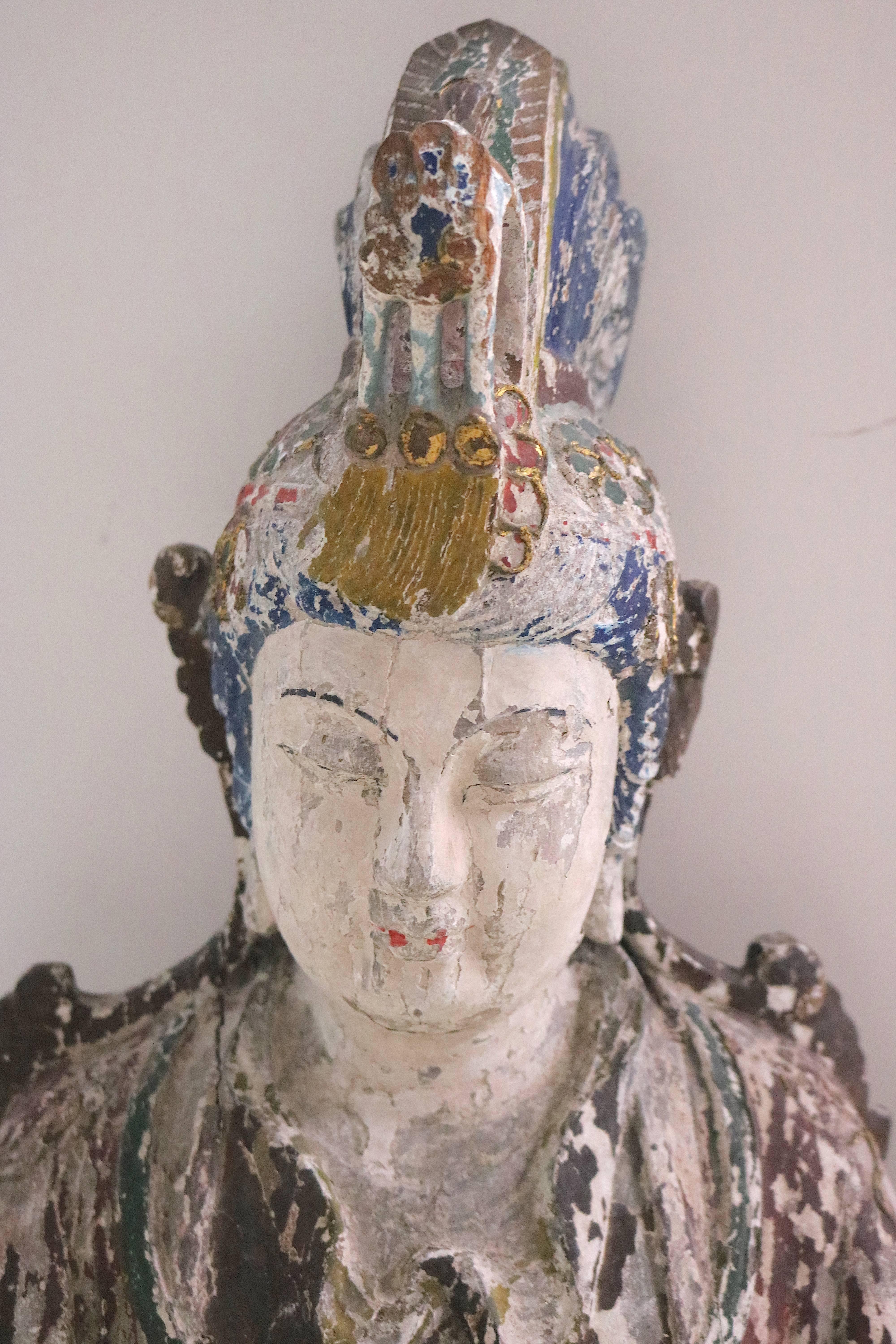 Nr. Life-Size Wood Carved Quan Yin Standing Statue in Regal Repose In Good Condition For Sale In West Palm Beach, FL