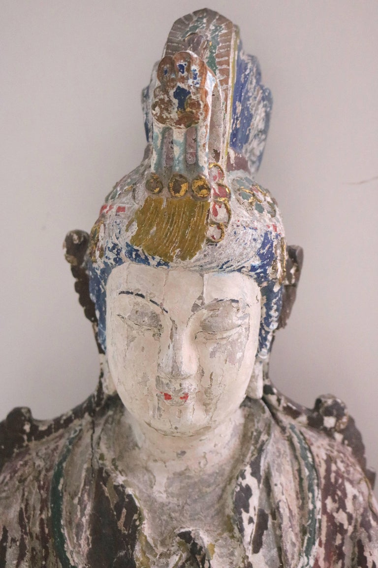 Near LifeSize Wood Carved Quan Yin Standing Statue in Regal Repose For