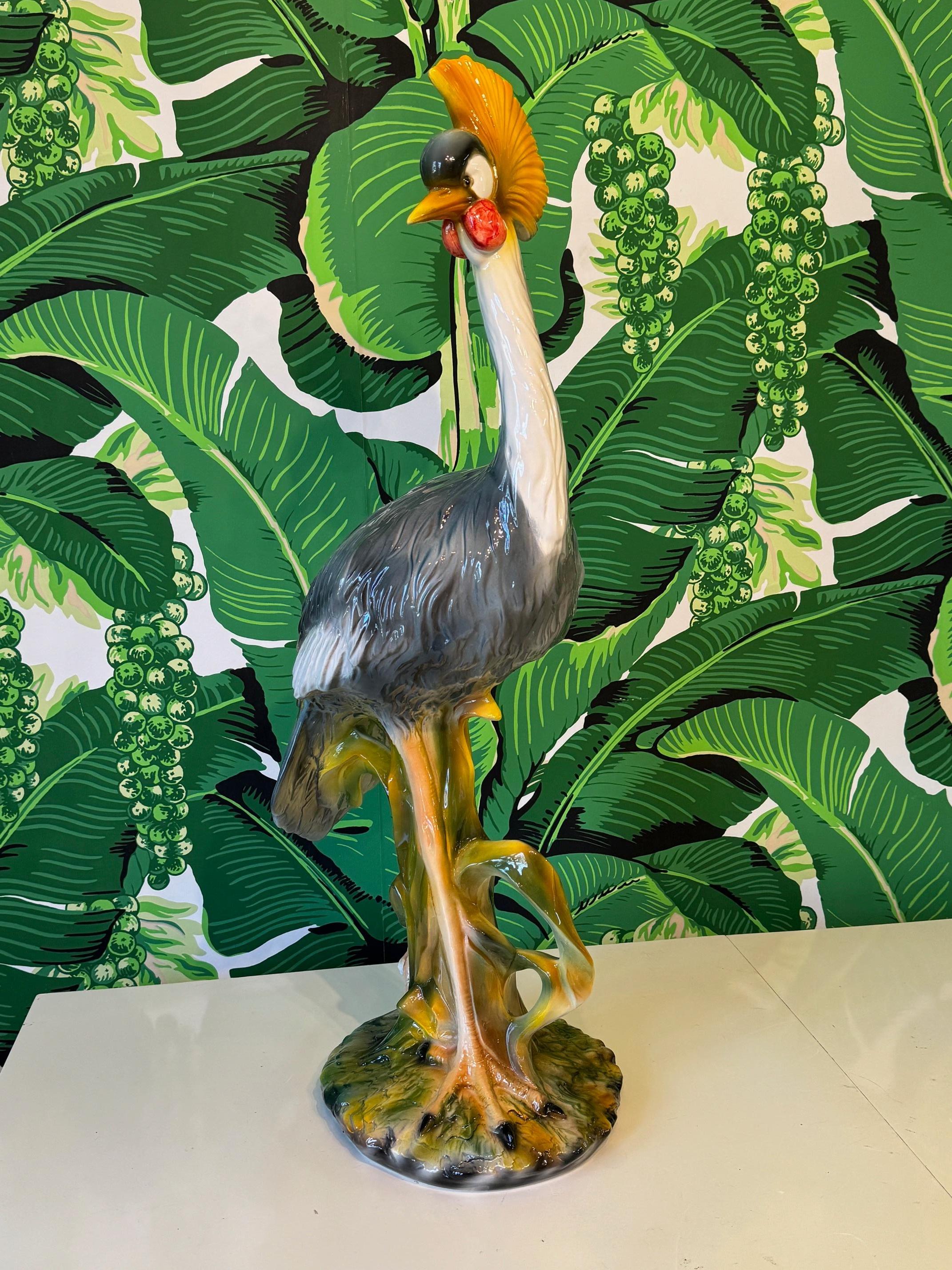 Hollywood Regency Life Size Crowned Crane Bird Statue For Sale