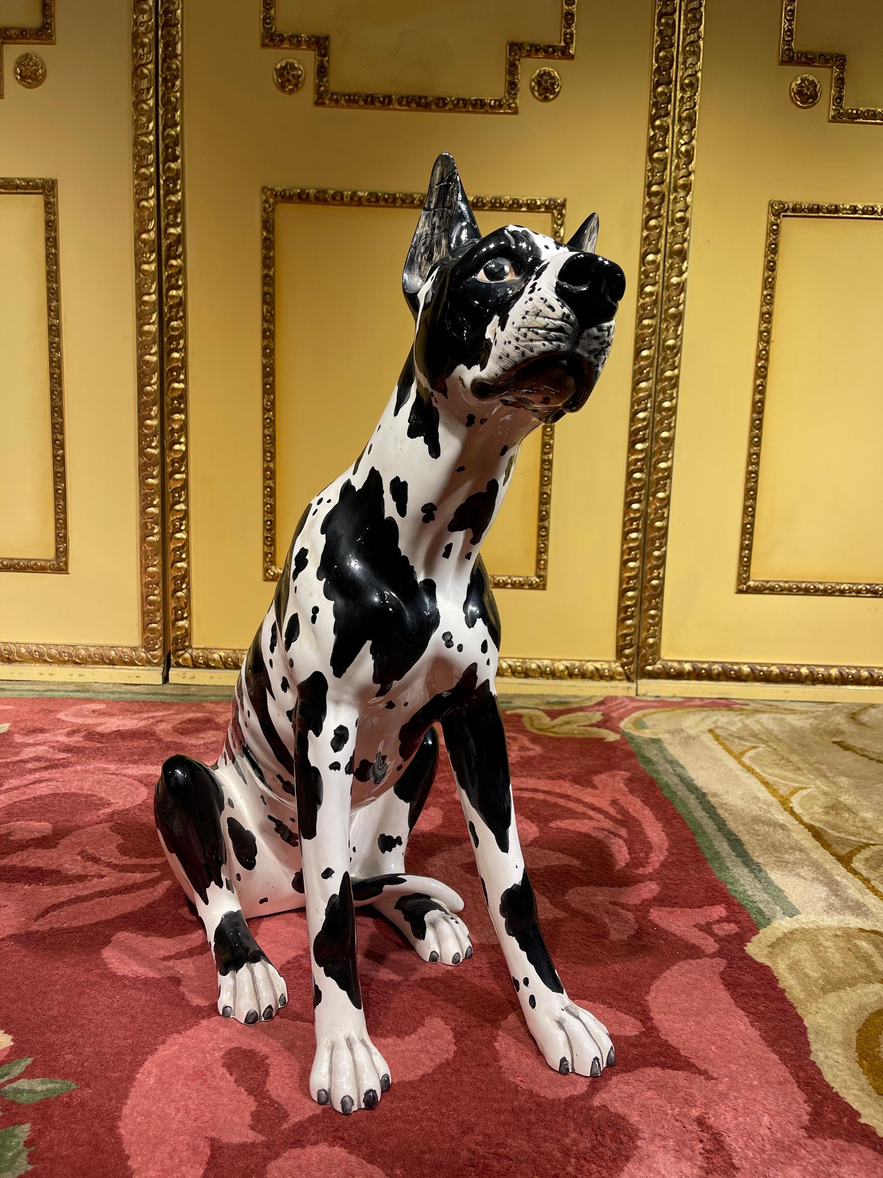 Life Size Harlequin Great Dane Dog, Ceramic, 20th Century

Beautiful large ceramic Harlequin Great Dane Dog, life-size, sitting and decorated in colors (white/black). One ear has been restored (see photo).