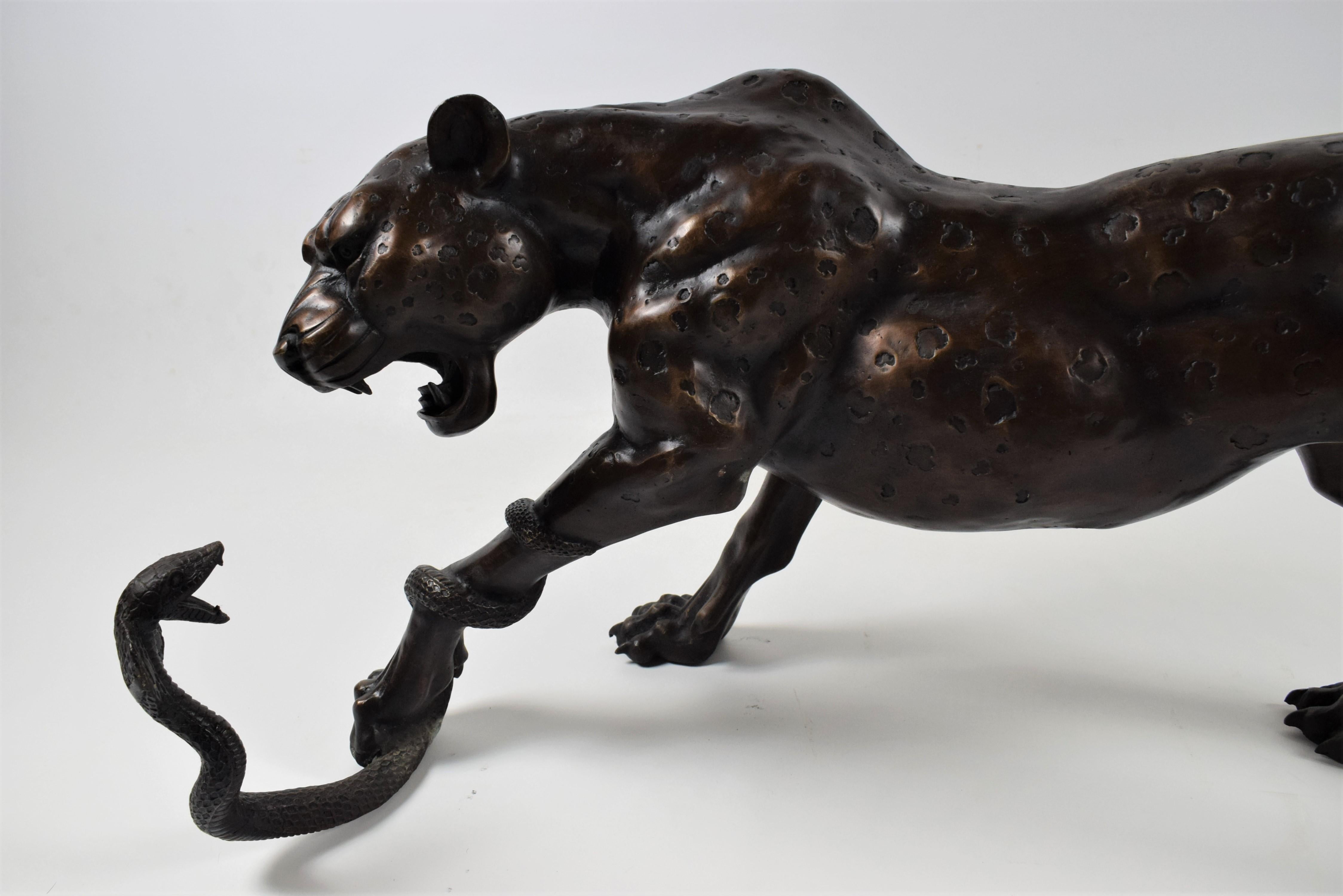 Cast Life-Size Expressive French Art Déco Sculpture Leopard with Cobra For Sale