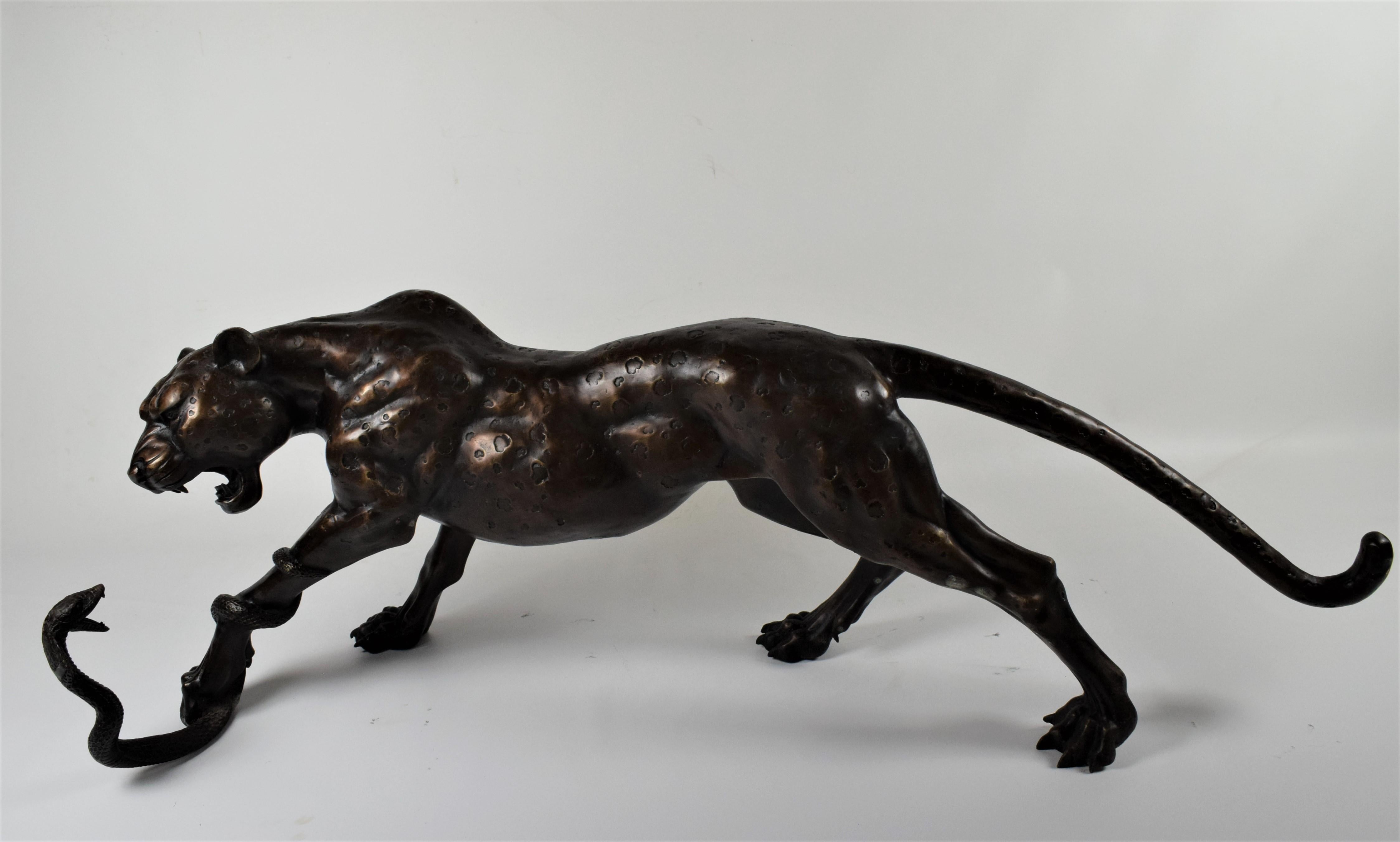 20th Century Life-Size Expressive French Art Déco Sculpture Leopard with Cobra For Sale