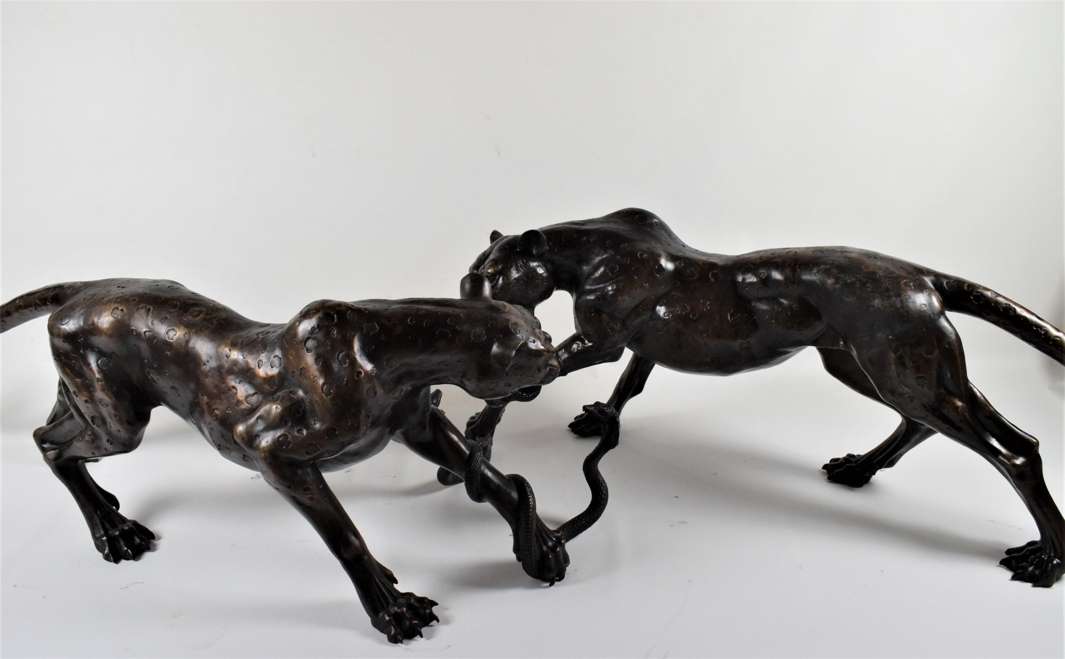 Bronze Life-Size Expressive French Art Déco Sculpture Leopard with Cobra For Sale