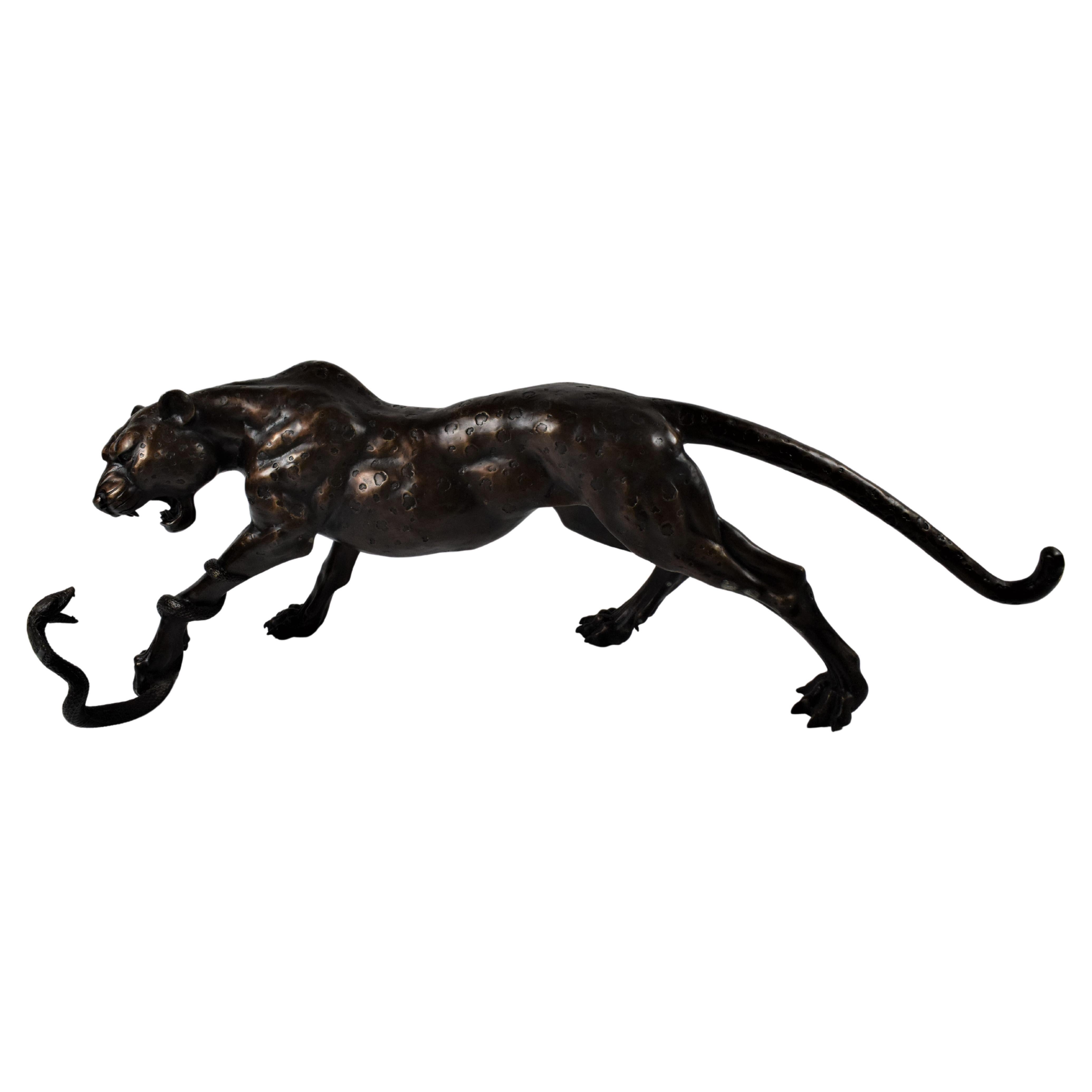 Life-Size Expressive French Art Déco Sculpture Leopard with Cobra For Sale