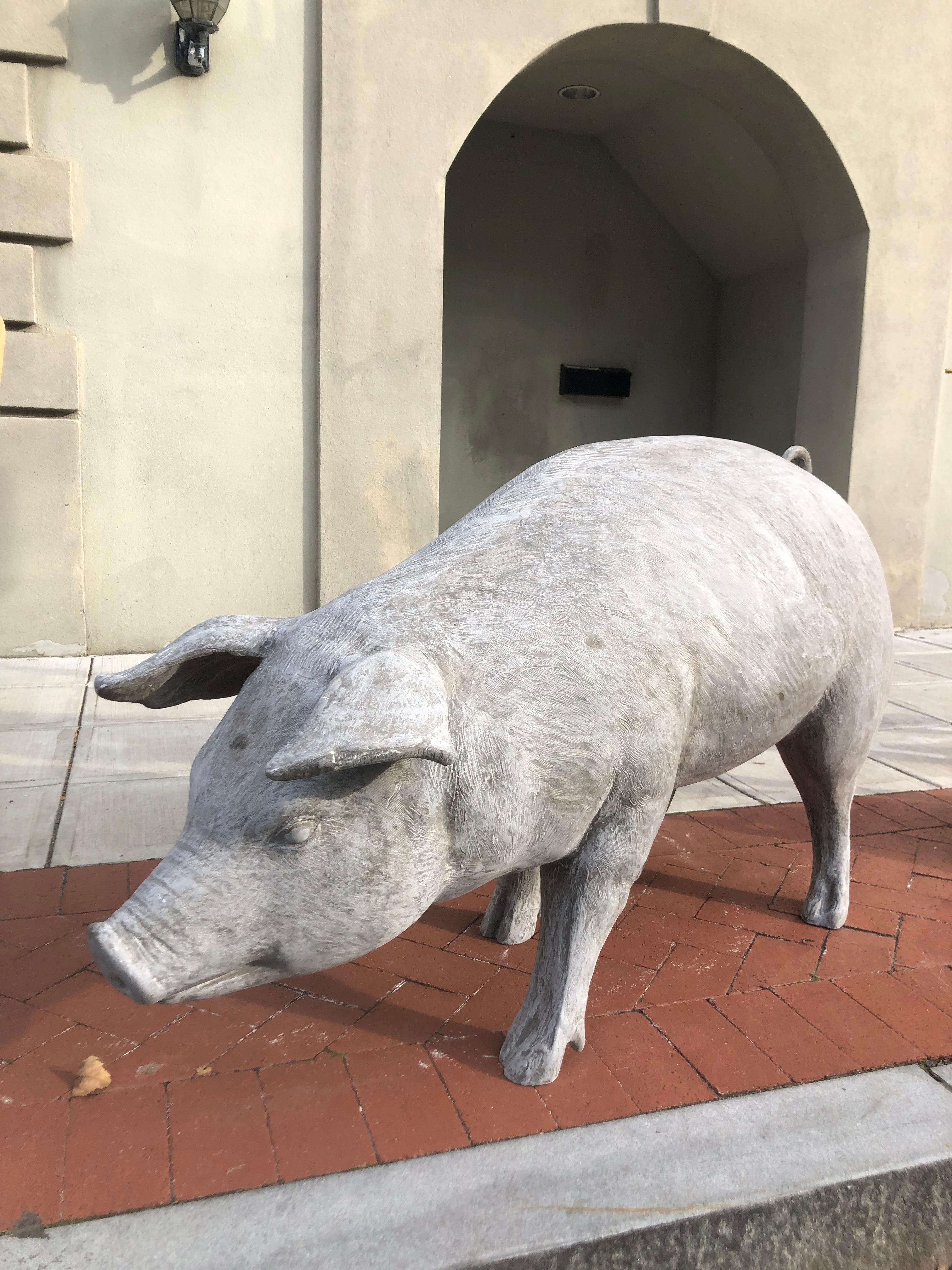 Life size fiberglass pig or hog is made of a very strong fiberglass which will withstand the elements. This Amazing pig is a perfect addition to any garden or yard. I have mine in the front yard and it looks great.