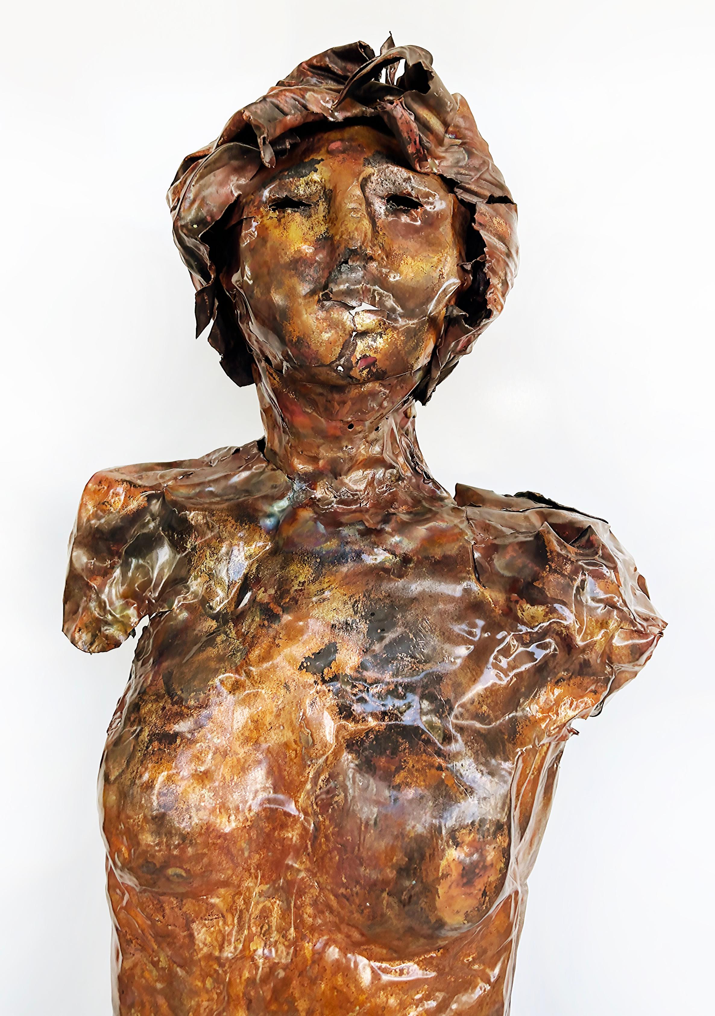 Life-Size Figurative Copper Statue Sculpture by Davis Murphy

Offered for sale is a striking life-size figurative copper sculpture of a female figure by Davis Murphy. This hand-made sculpture is presented on a rustic wood board and her male