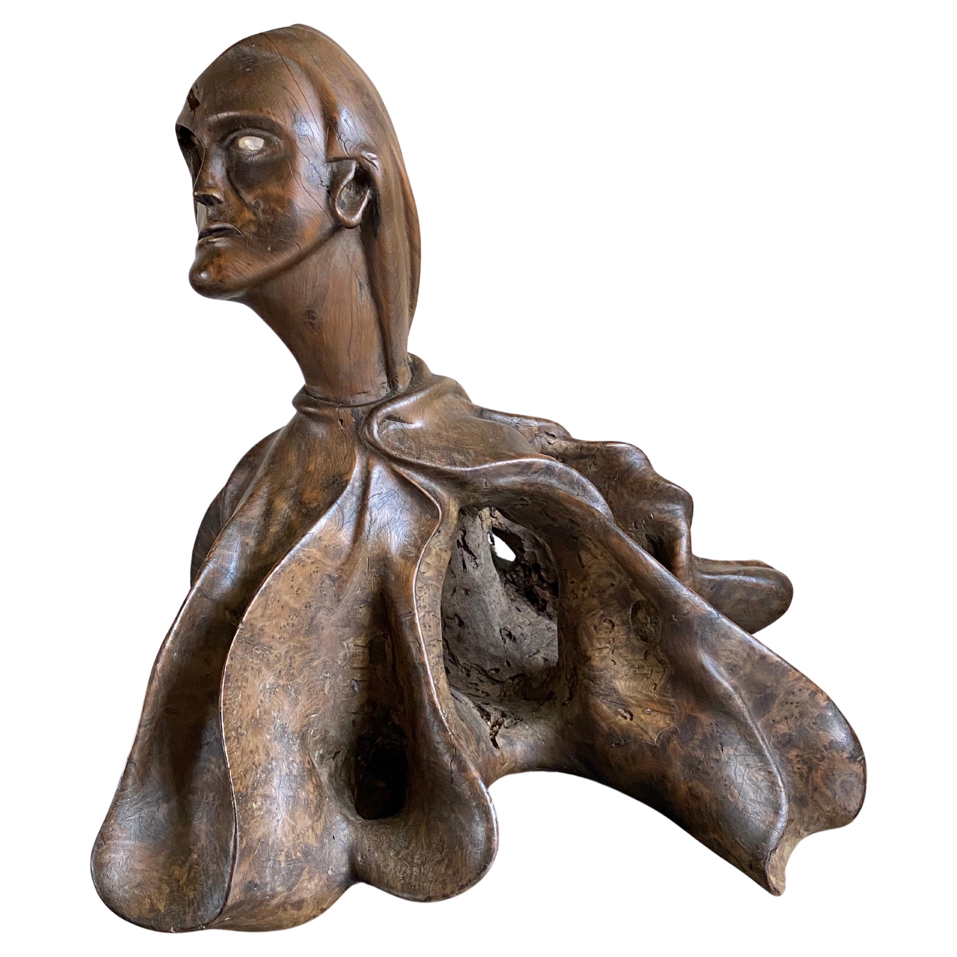European Folk Art Walnut Burr Sculpture Carved Human Form Life Size For Sale