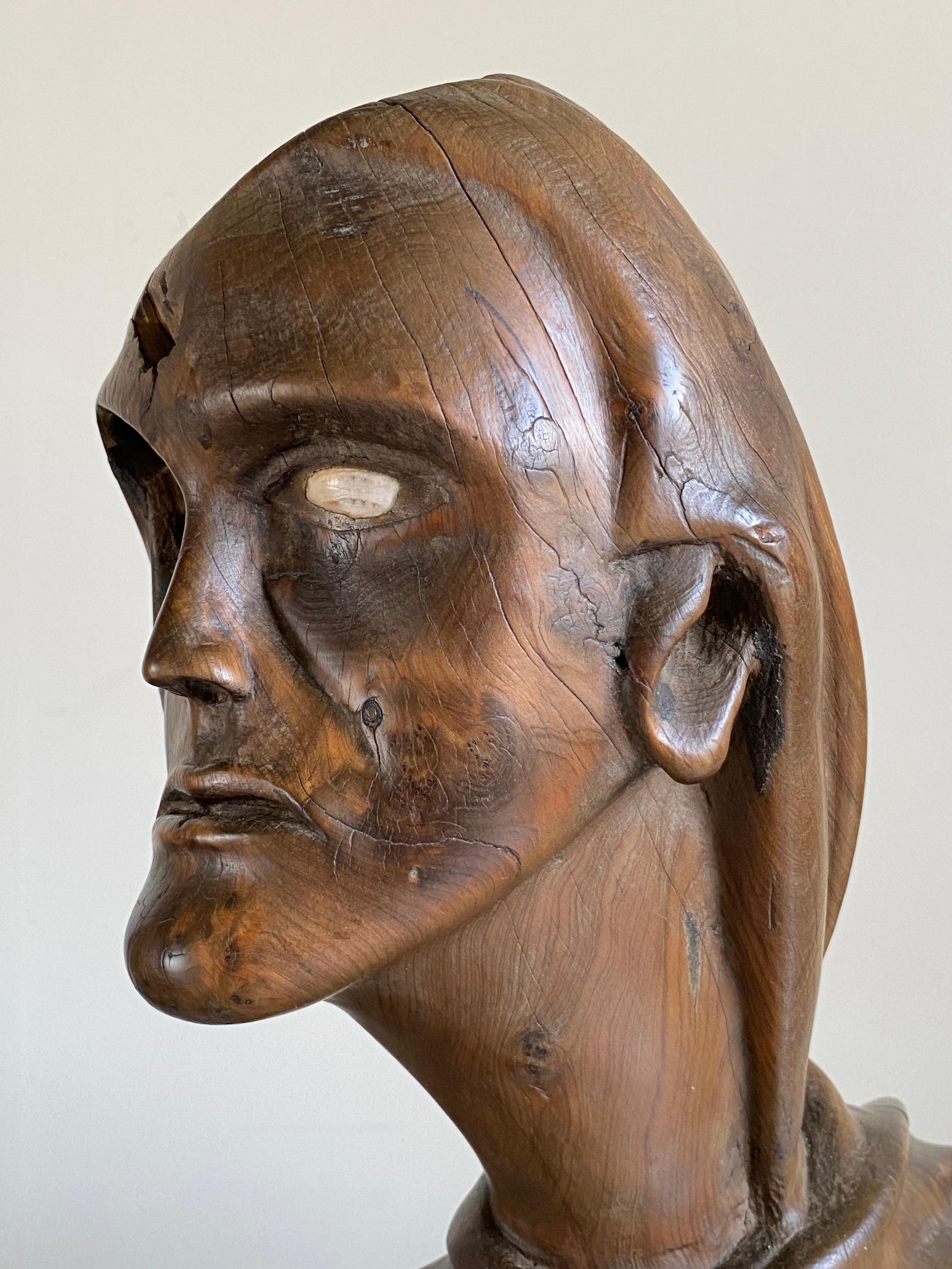 19th Century Folk Art Walnut Burr Sculpture Carved Human Form Life Size For Sale