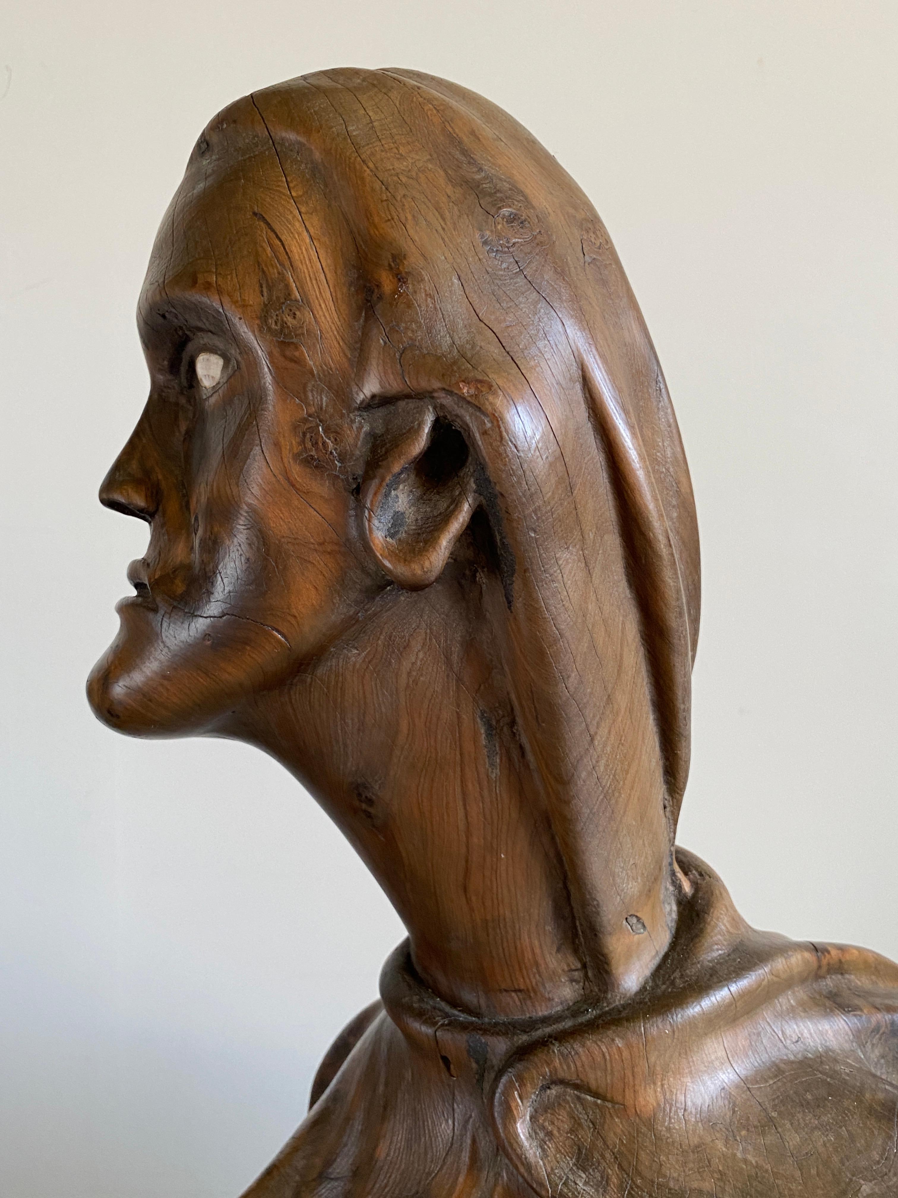 Folk Art Walnut Burr Sculpture Carved Human Form Life Size For Sale 1