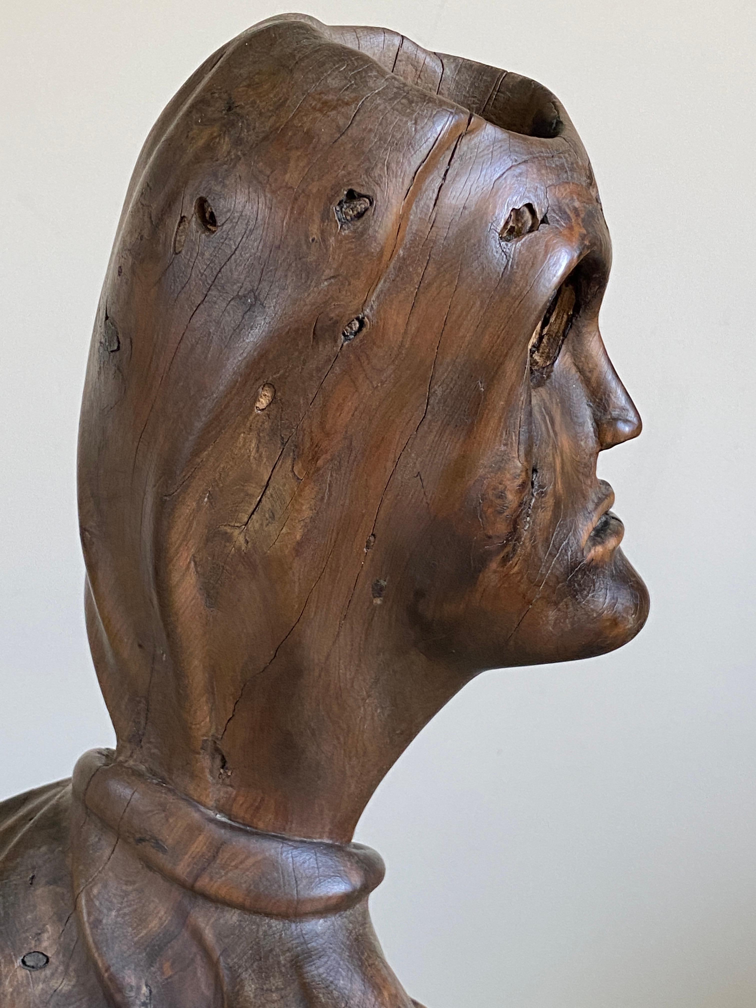 Folk Art Walnut Burr Sculpture Carved Human Form Life Size For Sale 4