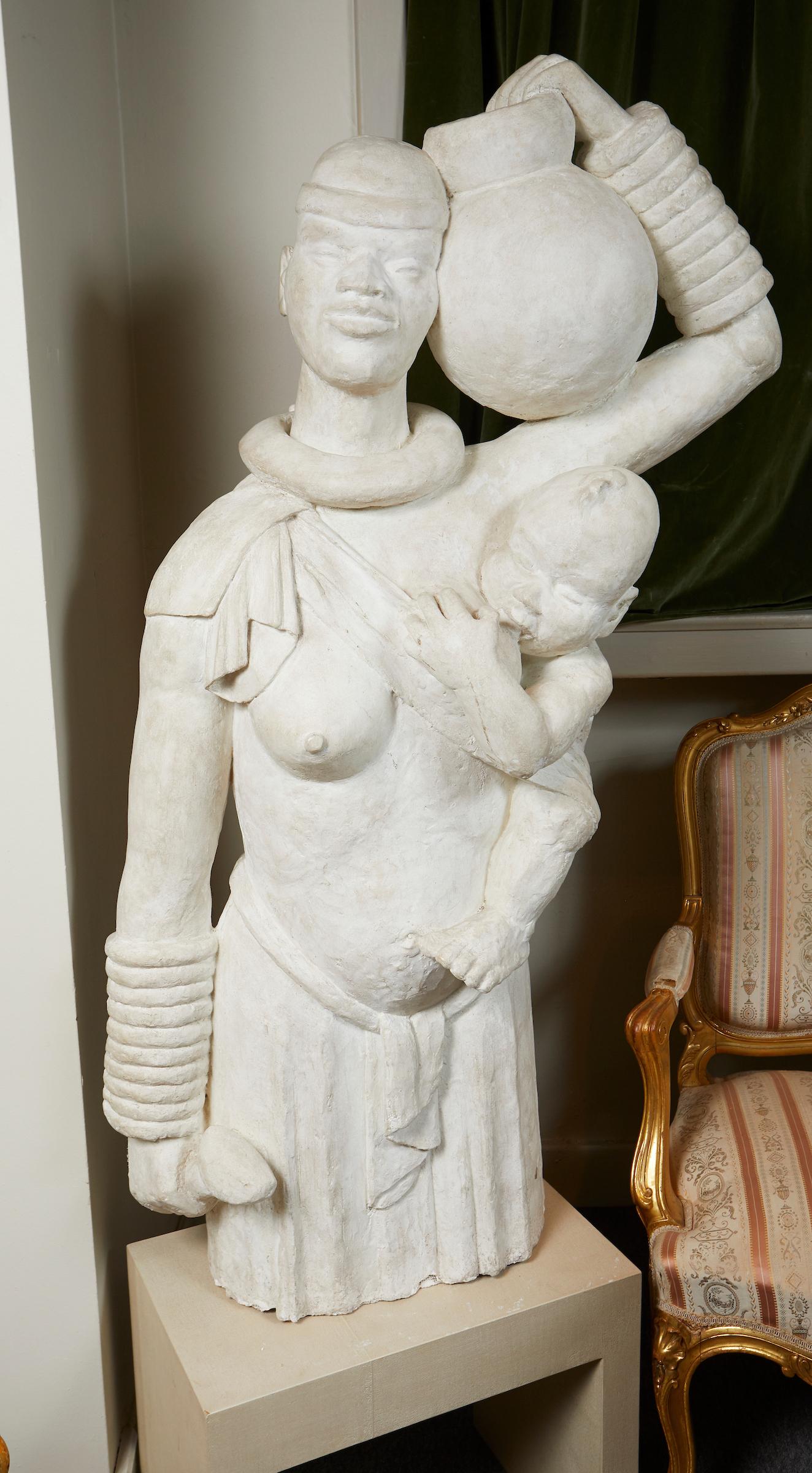 Life-Size French Africanist Style Plaster Sculpture of a Mother and Child For Sale 8