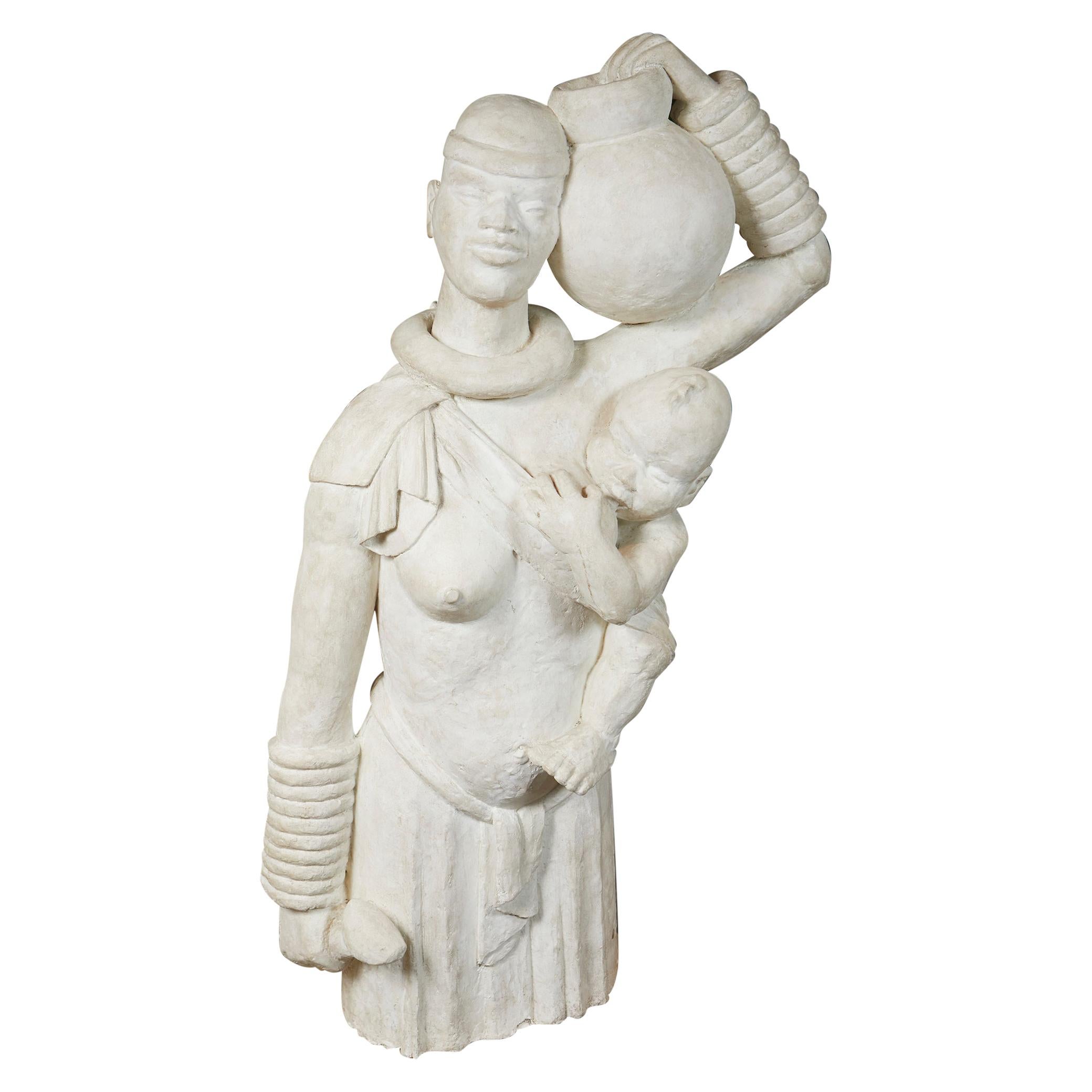 Life-Size French Africanist Style Plaster Sculpture of a Mother and Child