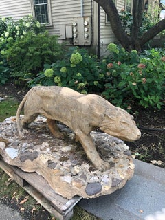 Life-Size French Cast Stone Art Deco Prowling Panther on Integral Rocky Base