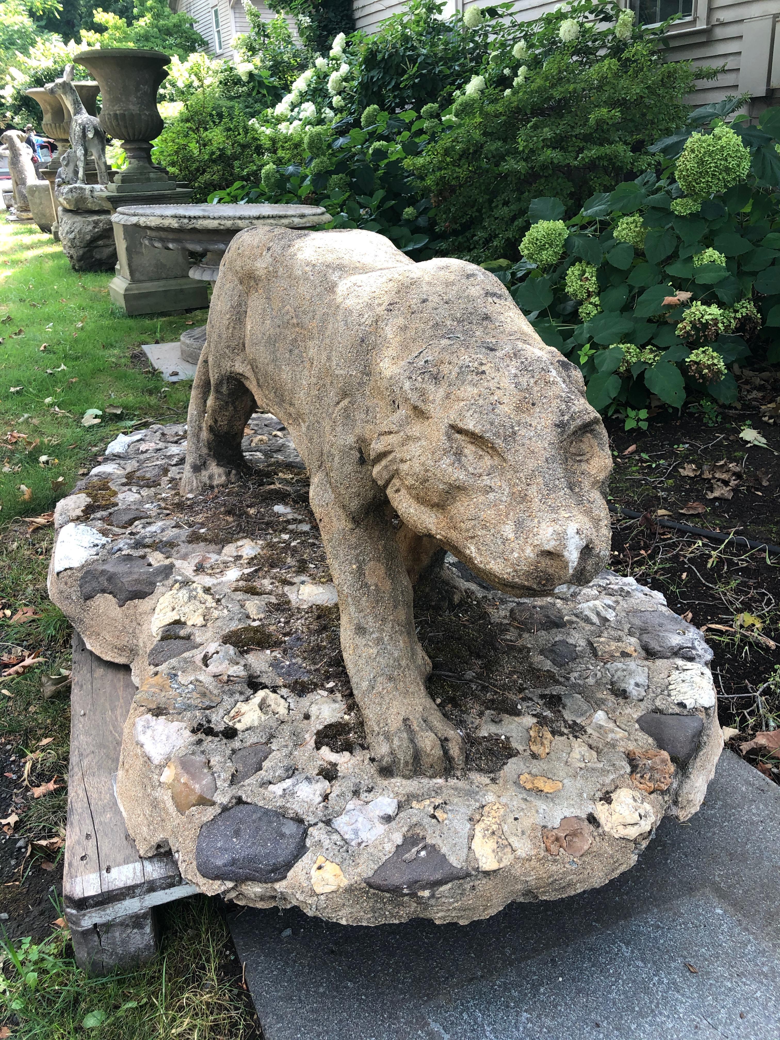 Life-Size French Cast Stone Art Deco Prowling Panther on Integral Rocky Base In Good Condition For Sale In Woodbury, CT