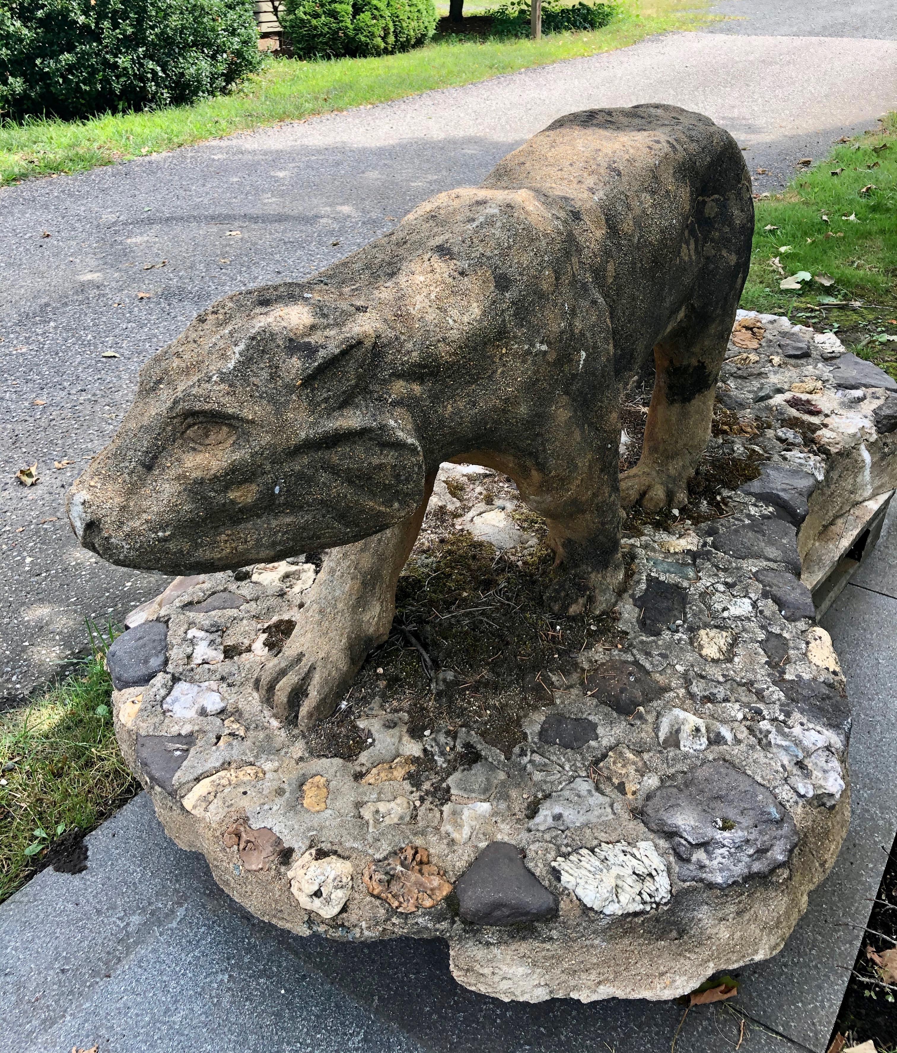 20th Century Life-Size French Cast Stone Art Deco Prowling Panther on Integral Rocky Base For Sale