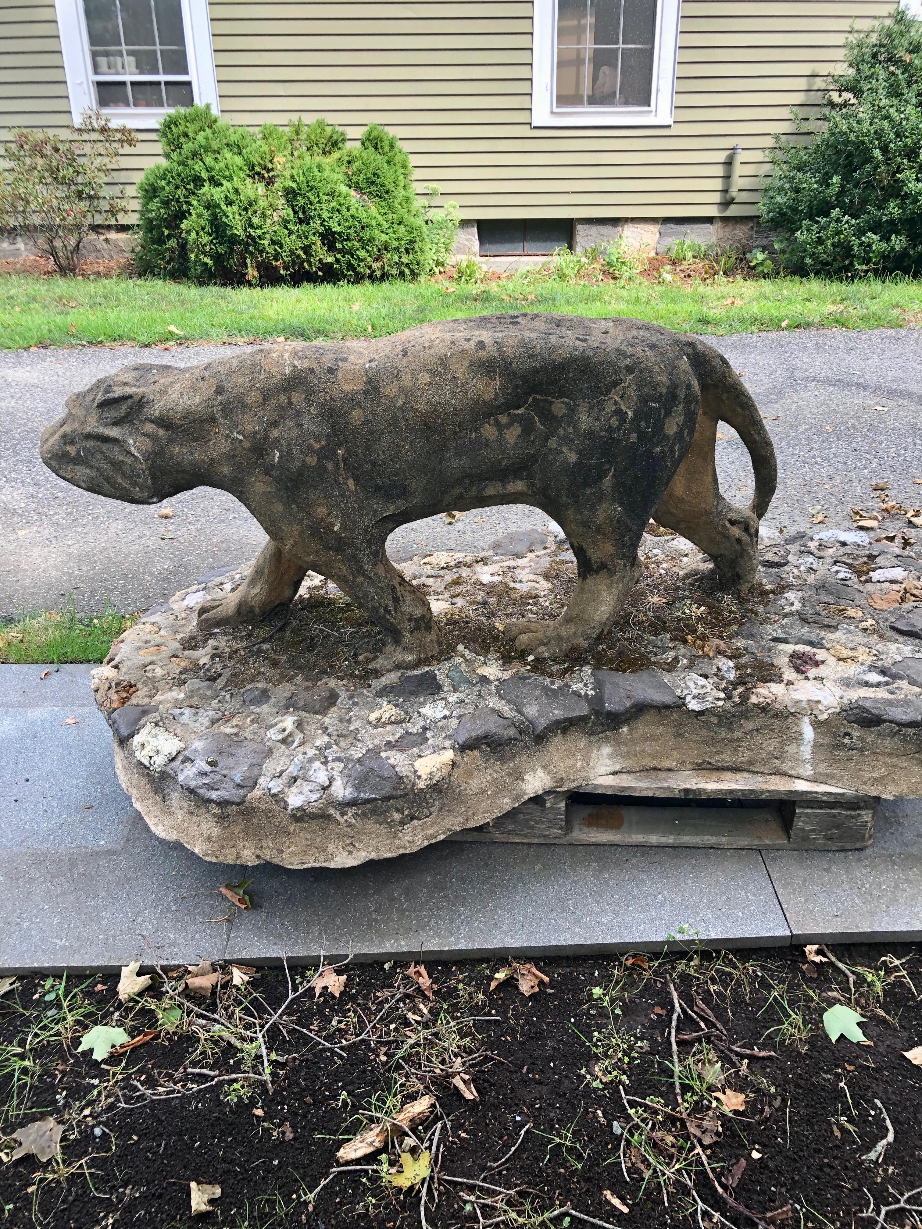 Life-Size French Cast Stone Art Deco Prowling Panther on Integral Rocky Base For Sale 1