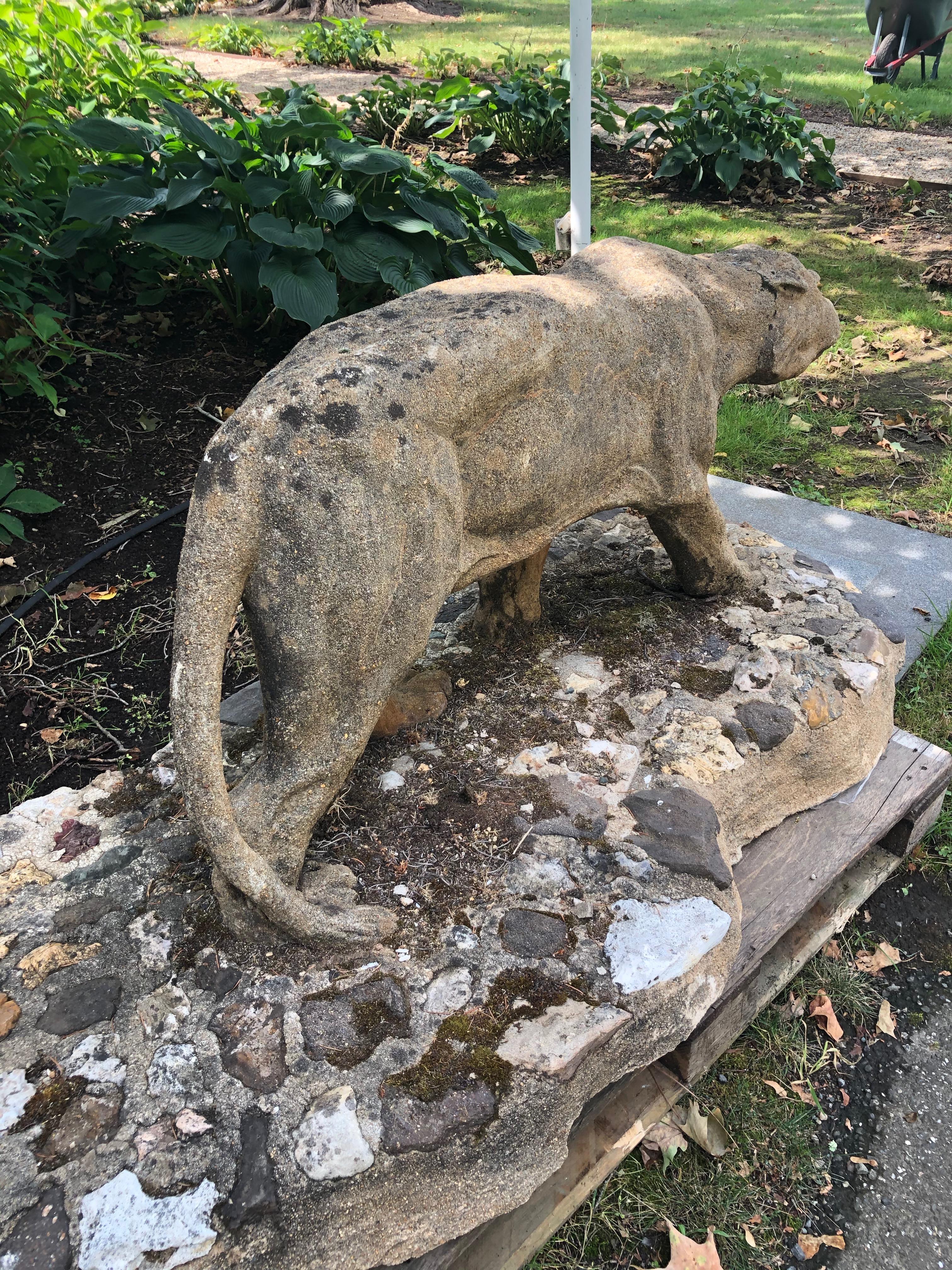 Life-Size French Cast Stone Art Deco Prowling Panther on Integral Rocky Base For Sale 4