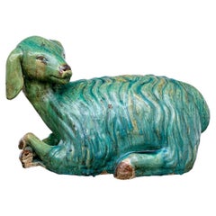 Life Size Glazed Pottery Sculpture Of A Reclining Lamb