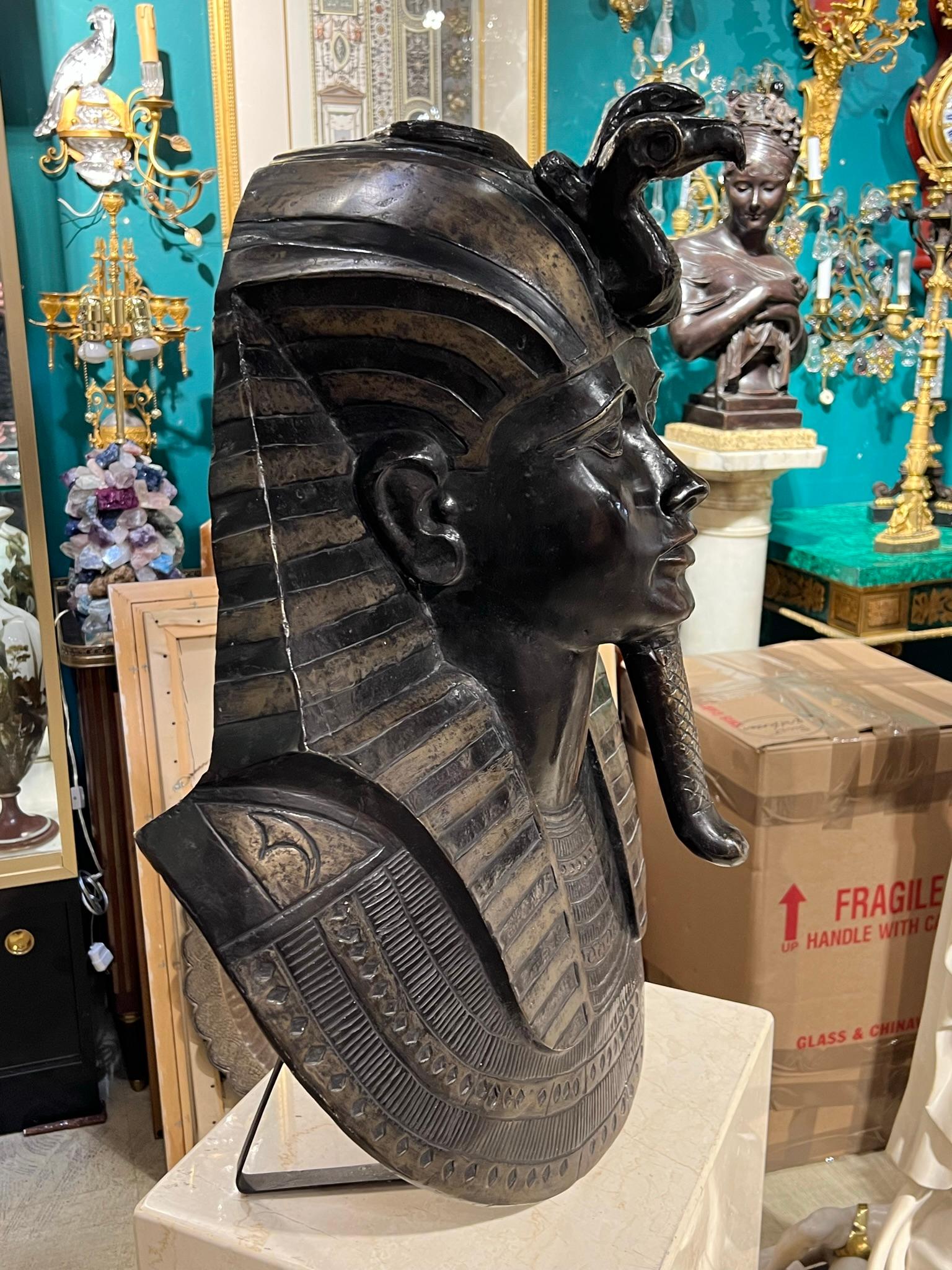 Patinated Life Size Grand Tour Bronze Sculpture of King Tut Burial Mask For Sale