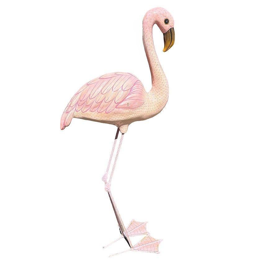 Rare Life-size handmade paper mache pink flamingo sculpture signed by Sergio Bustamante. The top body is made from paper mache and finished in multicolored polychrome lacquer standing on a pair of legs made from formed steel rebar painted in the