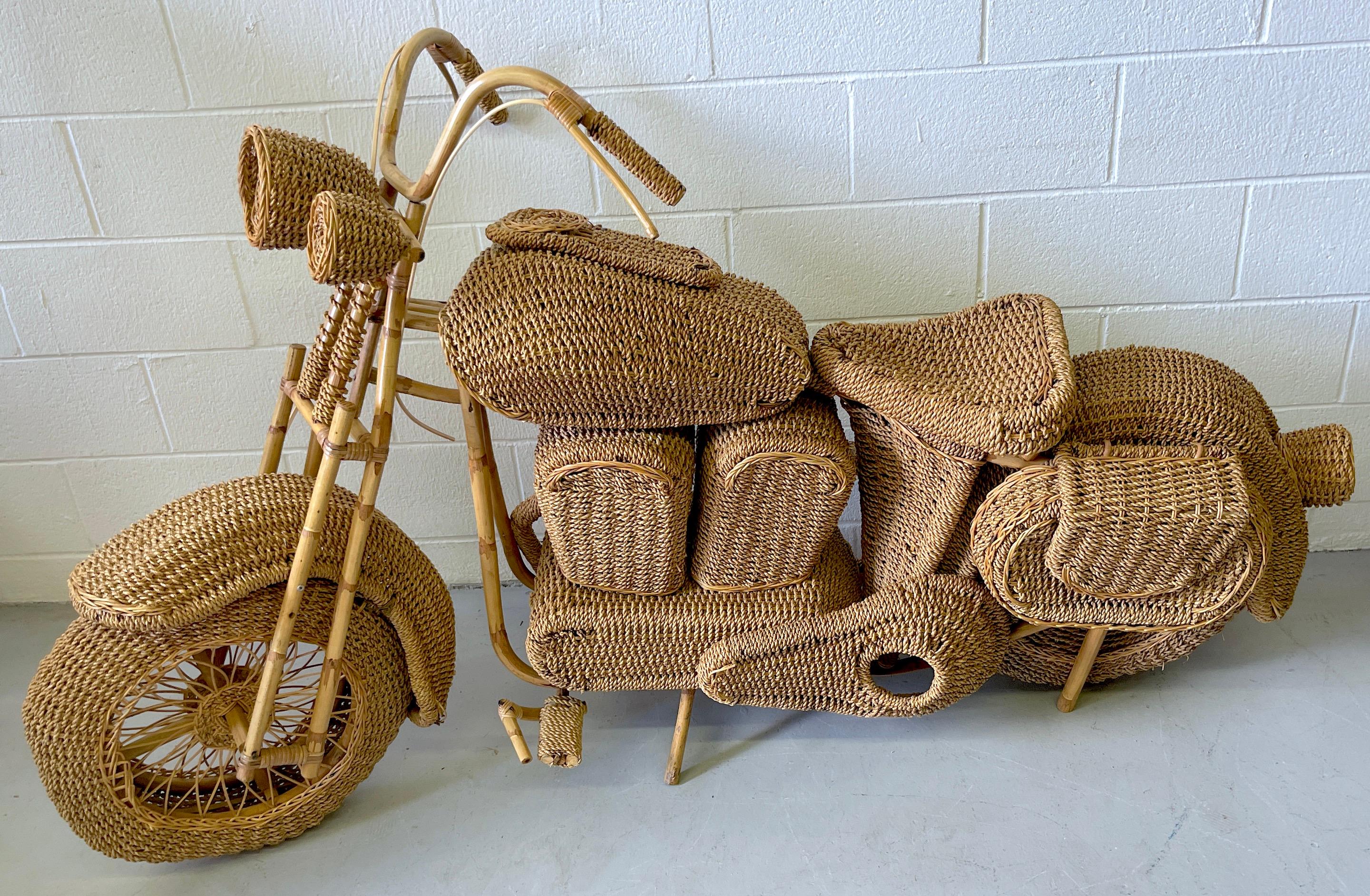 Life size Harley Davidson rattan model of a motorcycle, attributed to Tom Dixon
USA, Circa 1980s

A Mid-Century Modern life size hand-made sculpture of a motorcycle of woven rattan, willow, reed and wood. This work is attributed to the Tom Dixon,