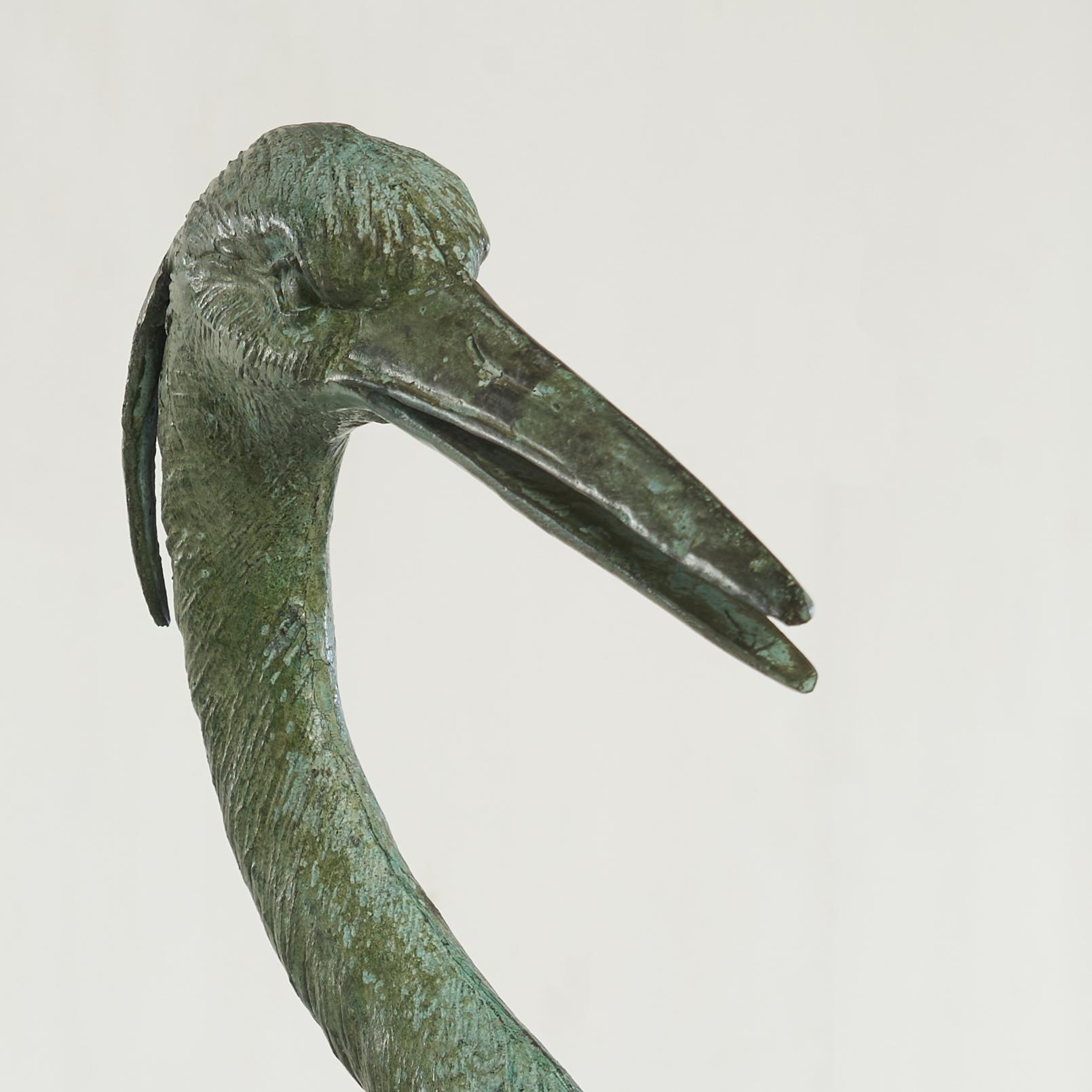 Hand-Crafted Life Size Heron in Verdigris Patinated Brass