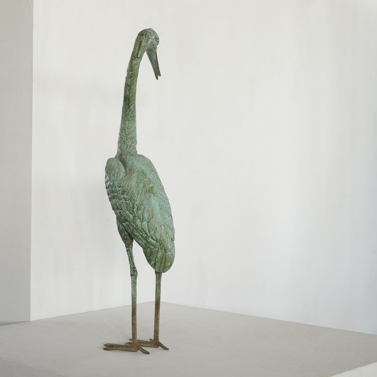 Life Size Heron in Verdigris Patinated Brass In Good Condition For Sale In Tilburg, NL