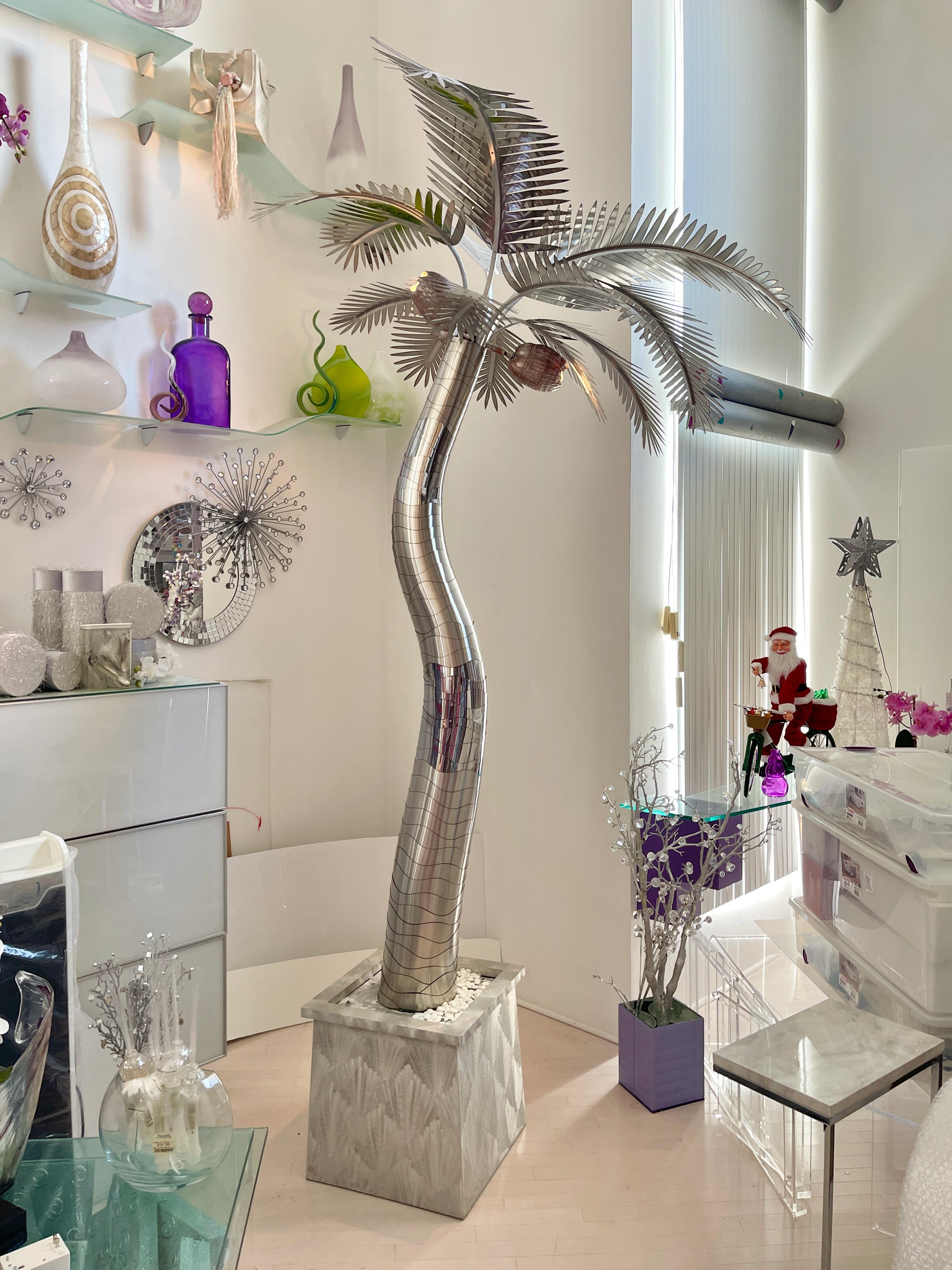Hollywood Regency Life Size Illuminated Palm Tree in Stainless Steel For Sale