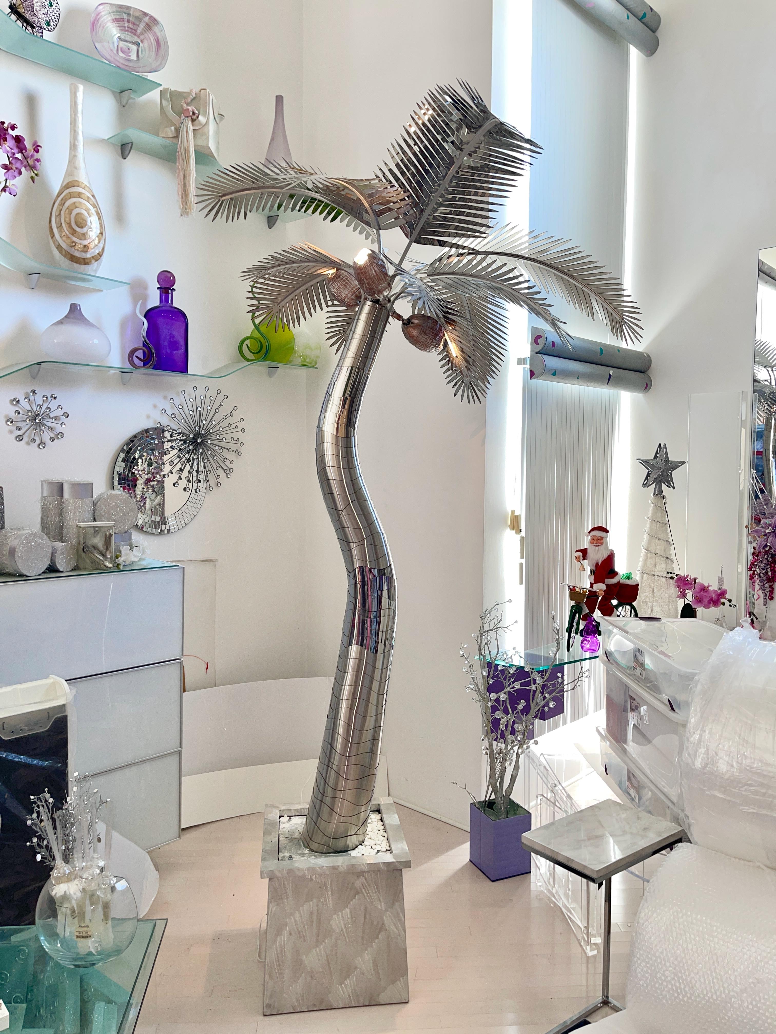 Brushed Life Size Illuminated Palm Tree in Stainless Steel For Sale