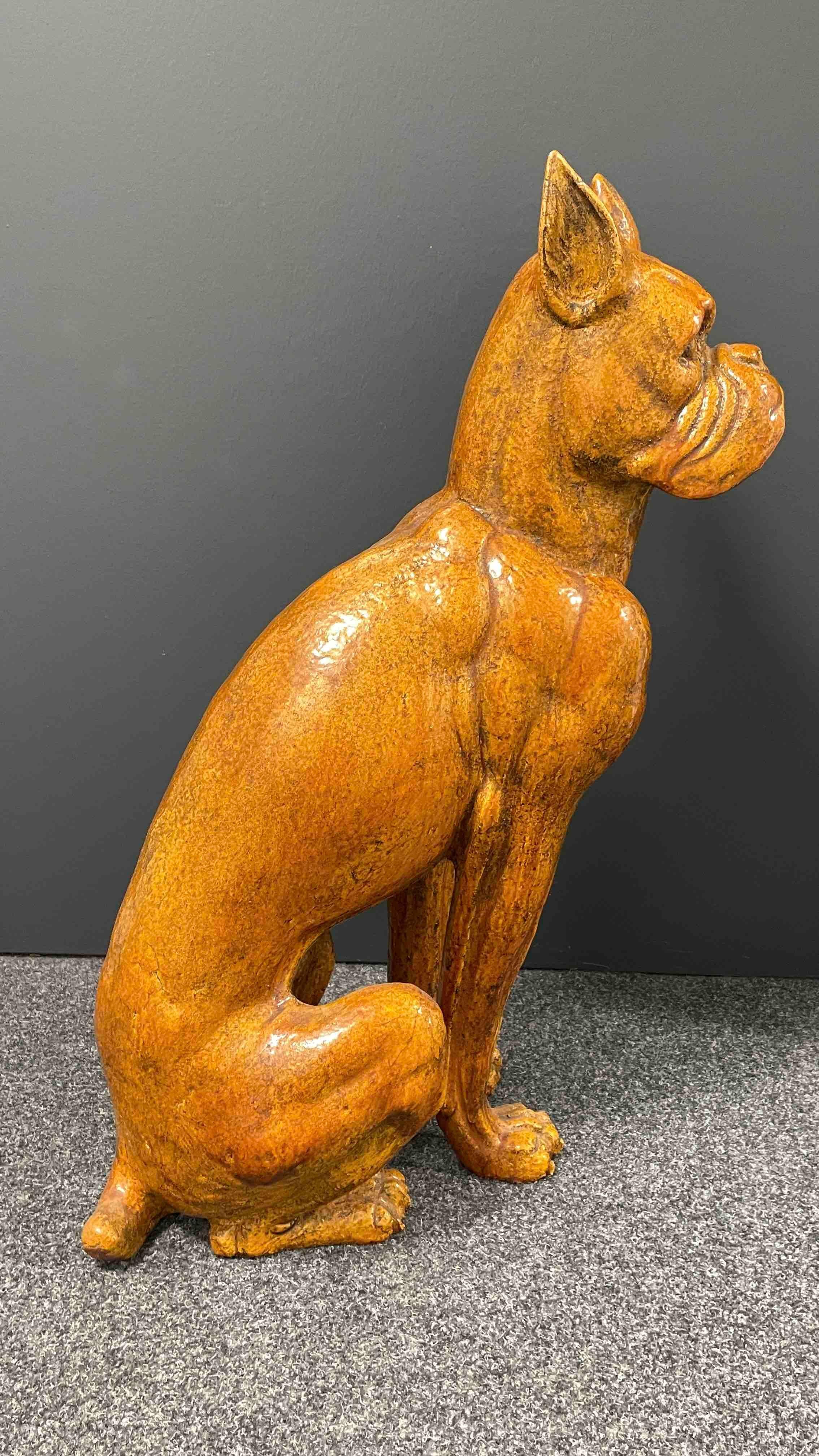 Mid-Century Modern ‎Life-Size Italian Boxer Dog Majolica Ceramic Statue Figurine Vintage, 1960s For Sale