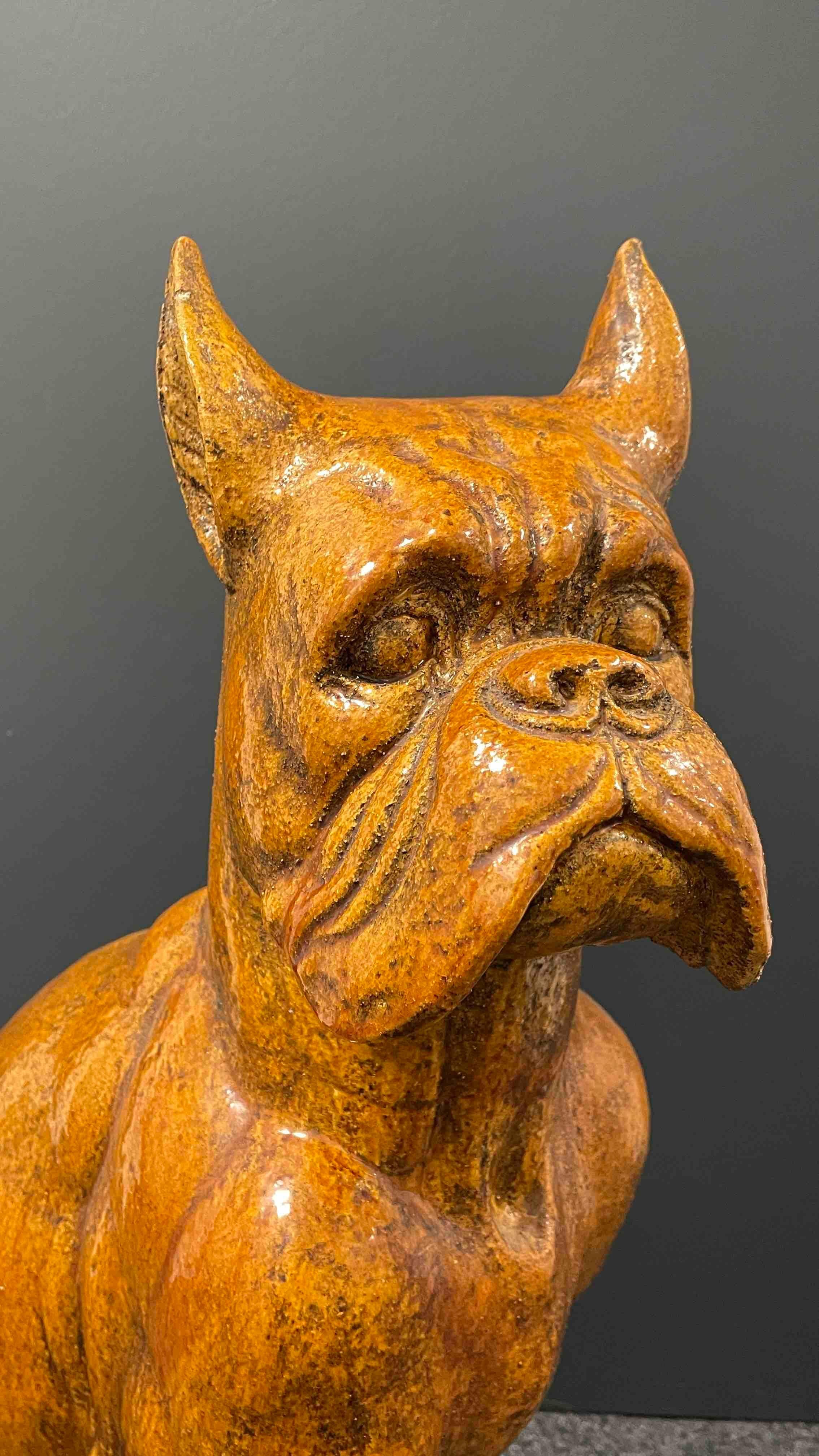 Hand-Crafted ‎Life-Size Italian Boxer Dog Majolica Ceramic Statue Figurine Vintage, 1960s For Sale