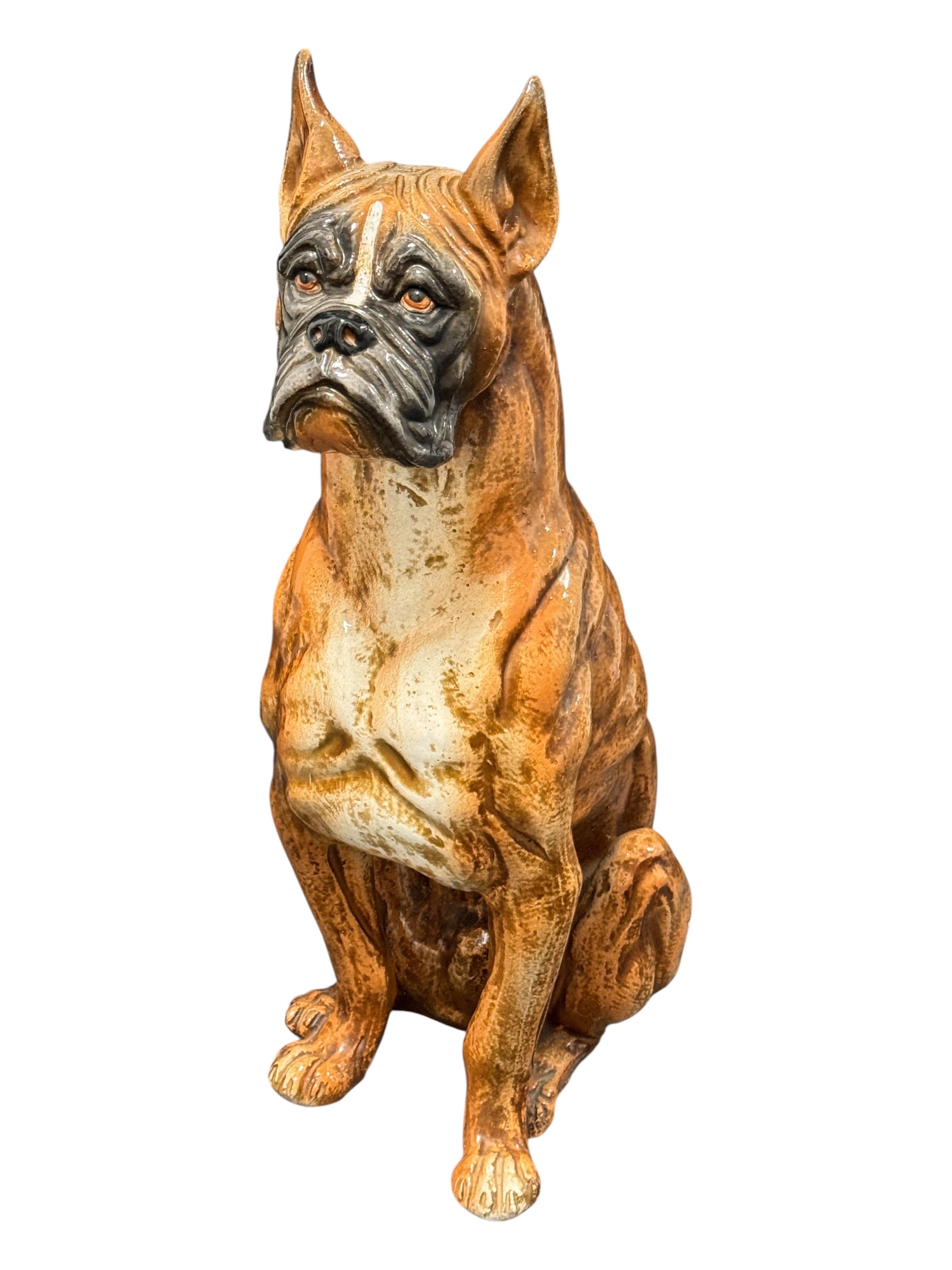 Majolica Cane Boxer Italiano a grandezza naturale Statua in Terracotta Figurina in Ceramica Vintage, anni '60 in vendita