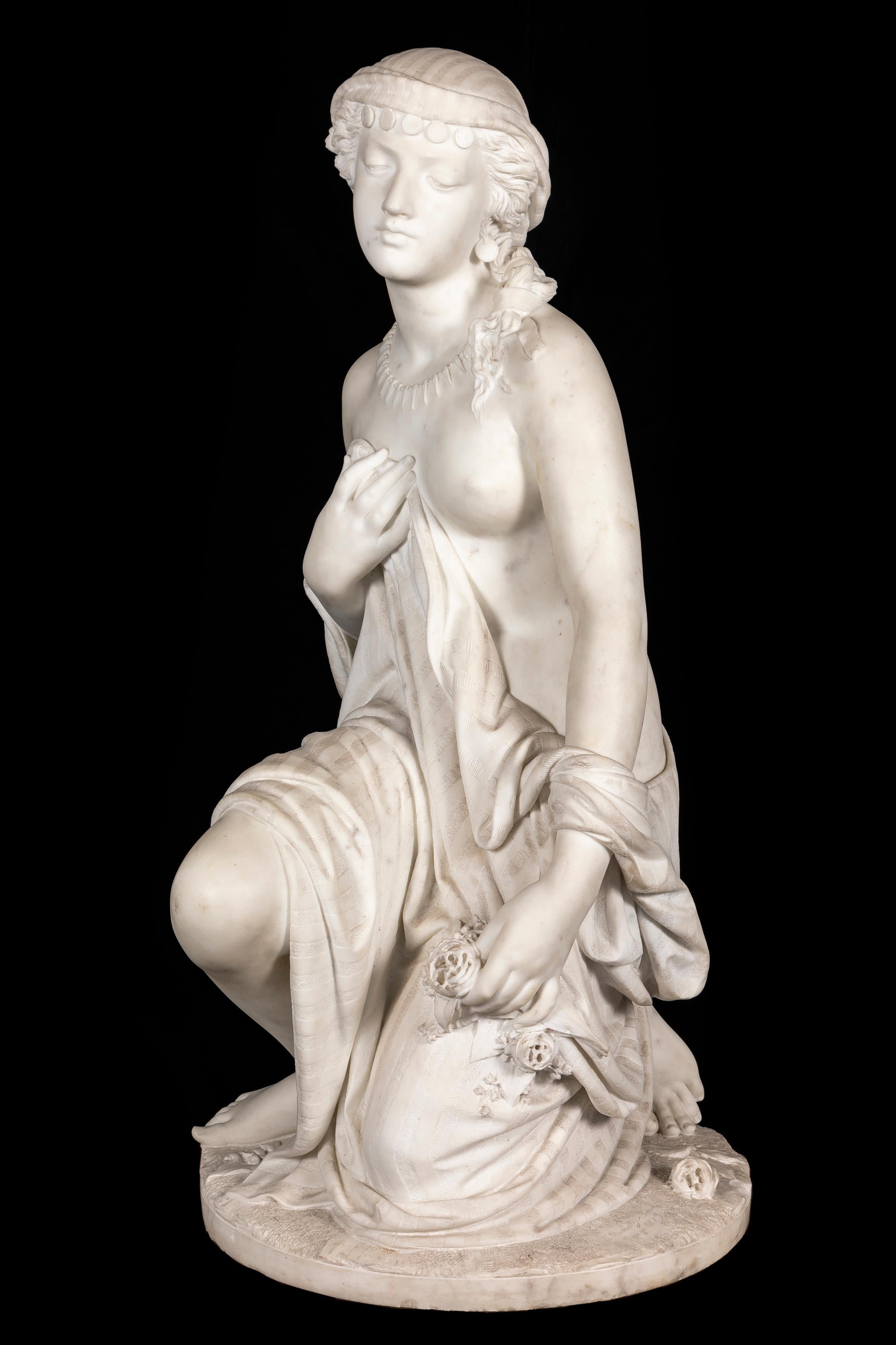 Lebensgroße Skulptur aus italienischem Carrara-Marmor, handgeschnitzt, P Romanelli 