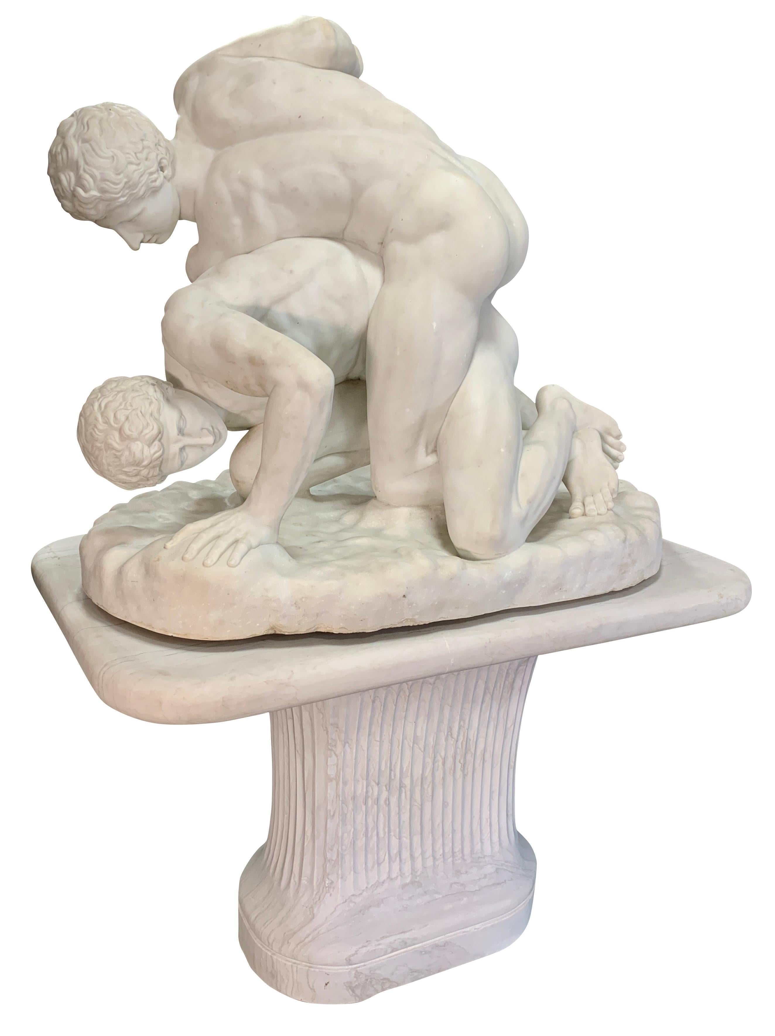This exceptional 19th century Italian hand carved marble group titled: 'The Wrestlers' was carved after a Greek original of the 3rd century BCE.
This impressive statue depicts two naked men struggling. One of them overwhelms the other, holds his