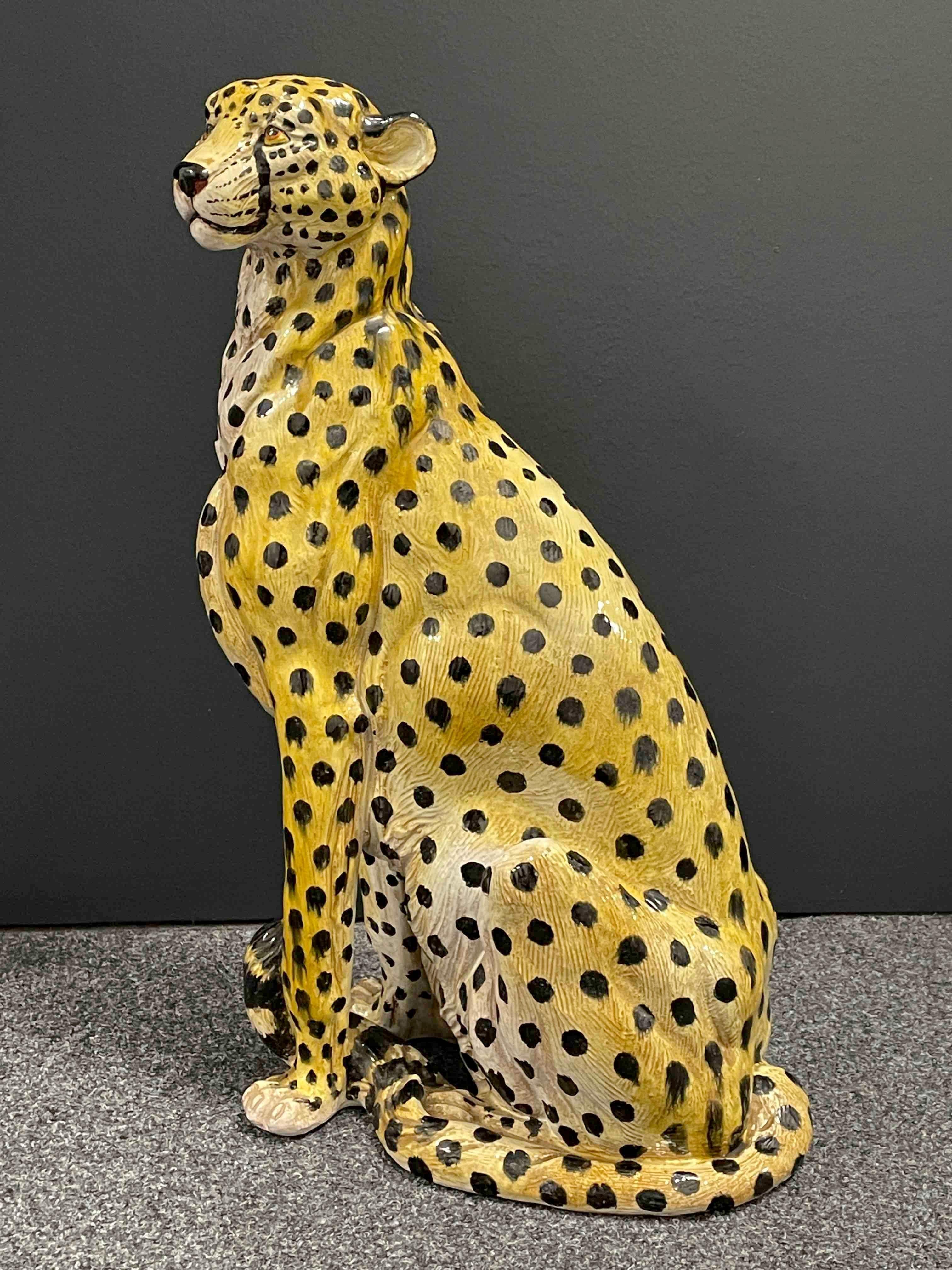LifeSize Italian Cheetah Majolica Statue Figurine Vintage, 1960s at
