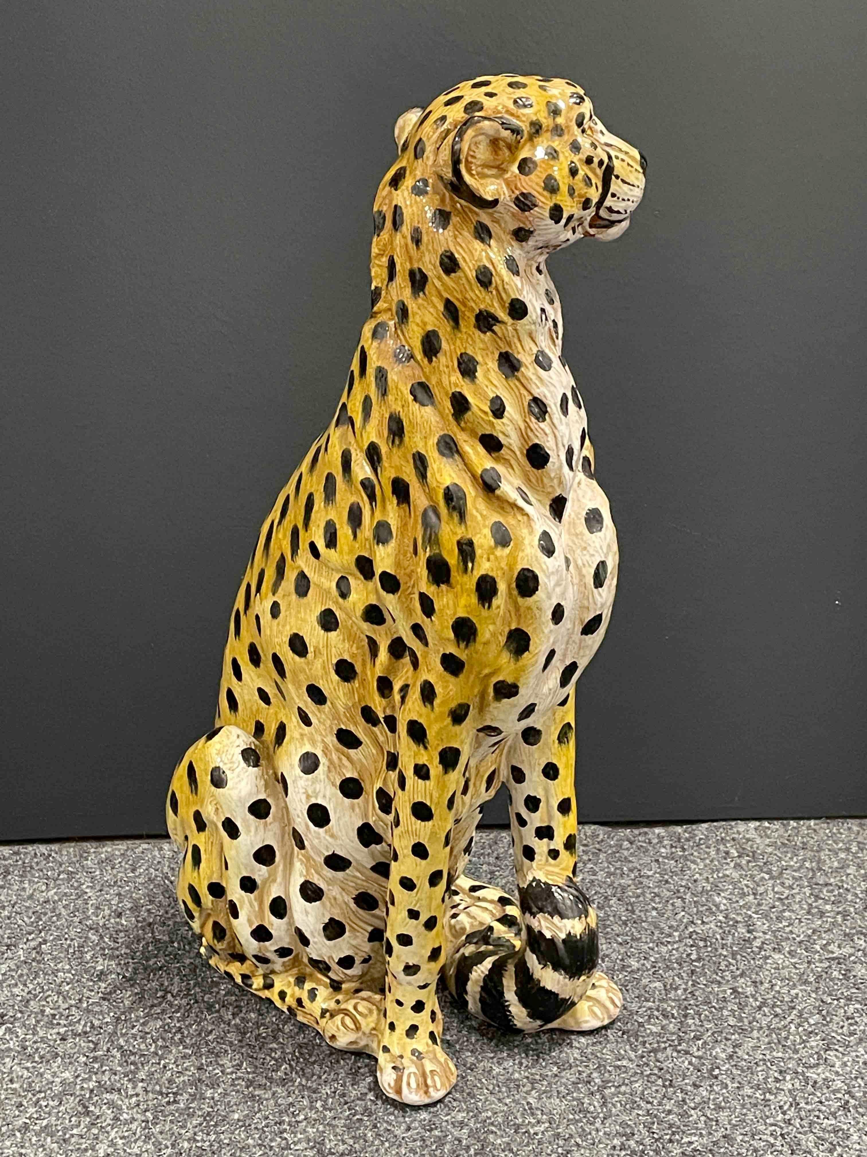 Mid-Century Modern ‎Life-Size Italian Cheetah Majolica Statue Figurine Vintage, 1960s