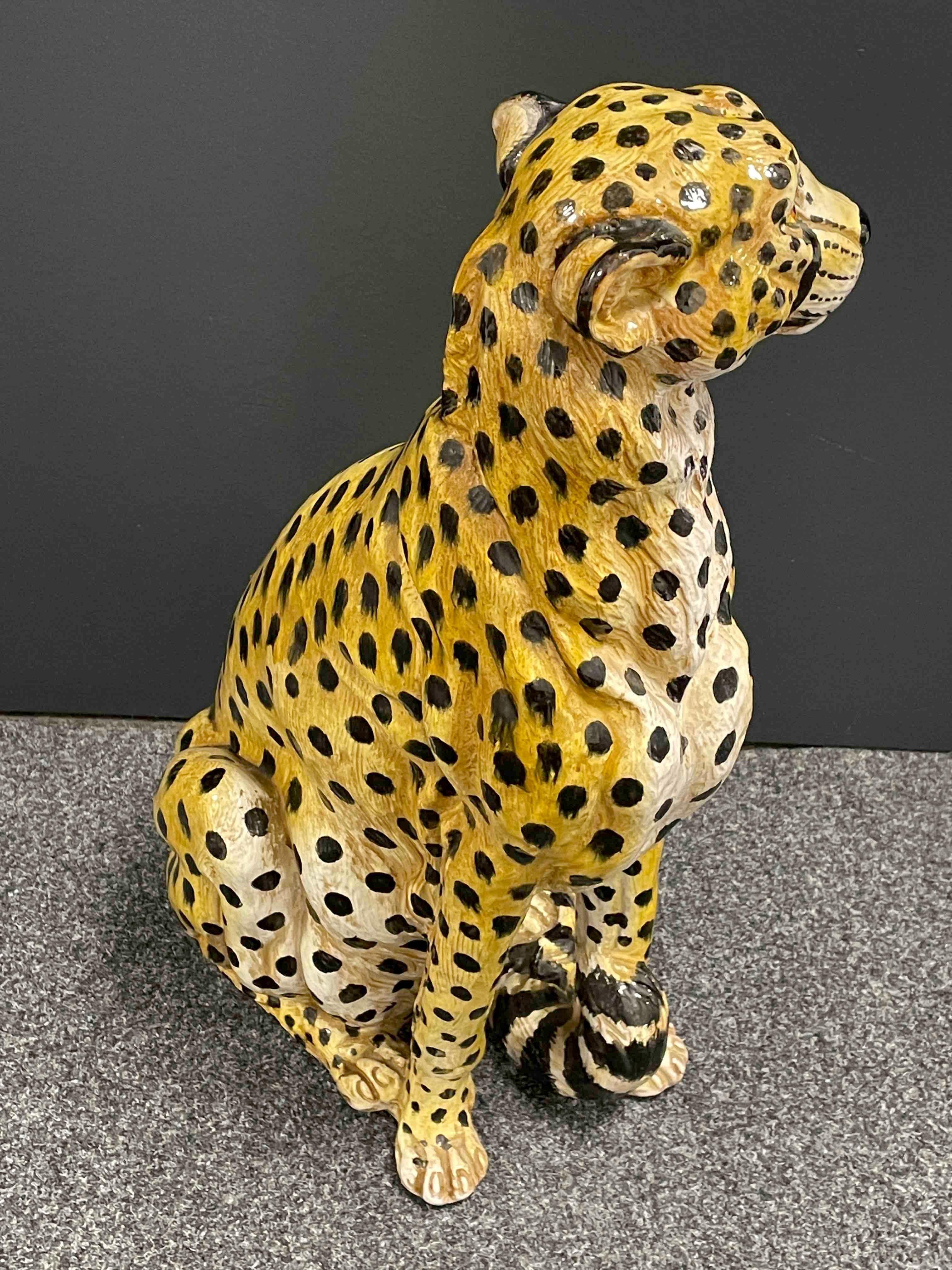 Hand-Crafted ‎Life-Size Italian Cheetah Majolica Statue Figurine Vintage, 1960s