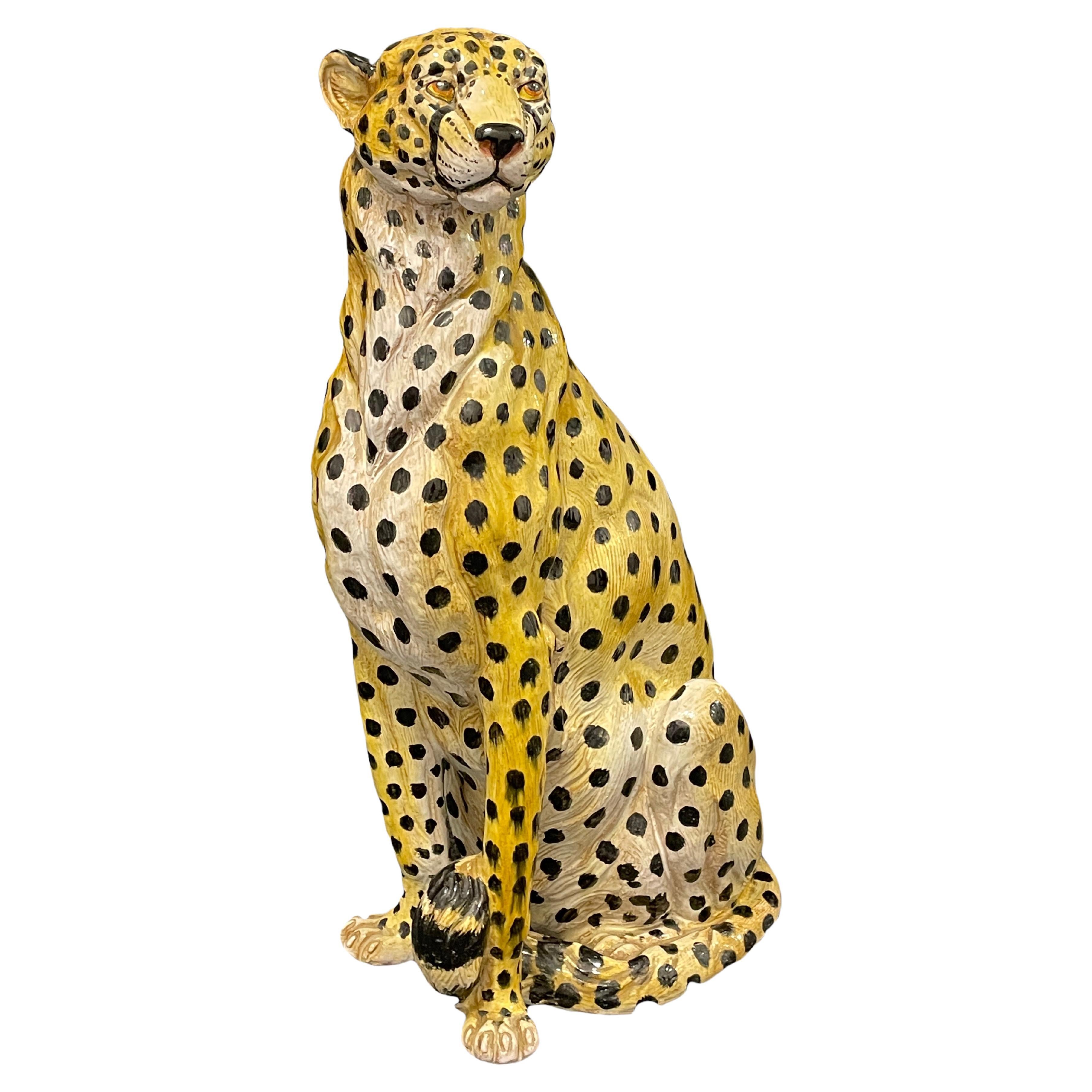 ‎Life-Size Italian Cheetah Majolica Statue Figurine Vintage, 1960s