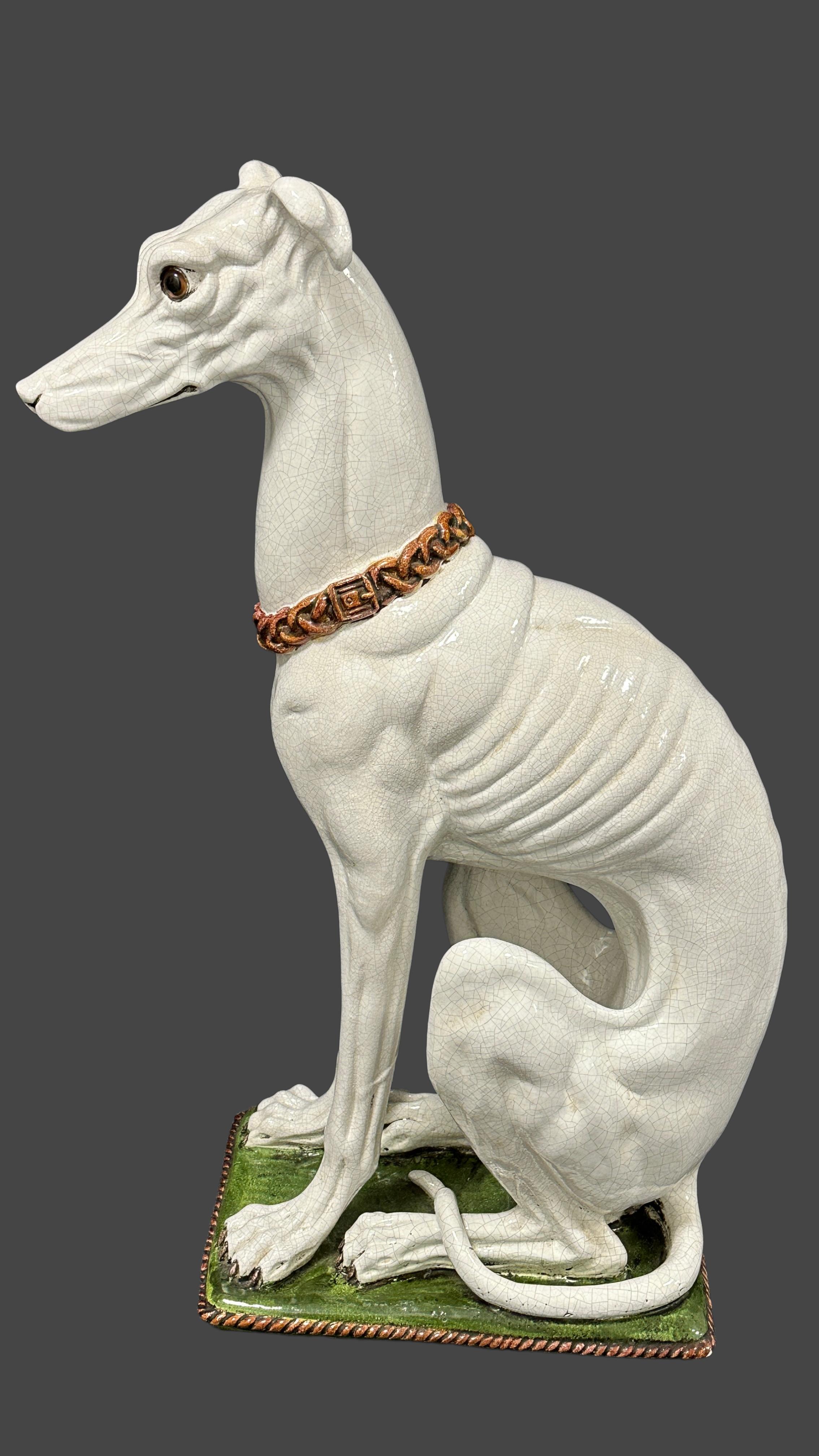 Mid-Century Modern Statue de chien en majolique Galgo Greyhound italien grandeur nature Figurine Vintage, 1960s en vente