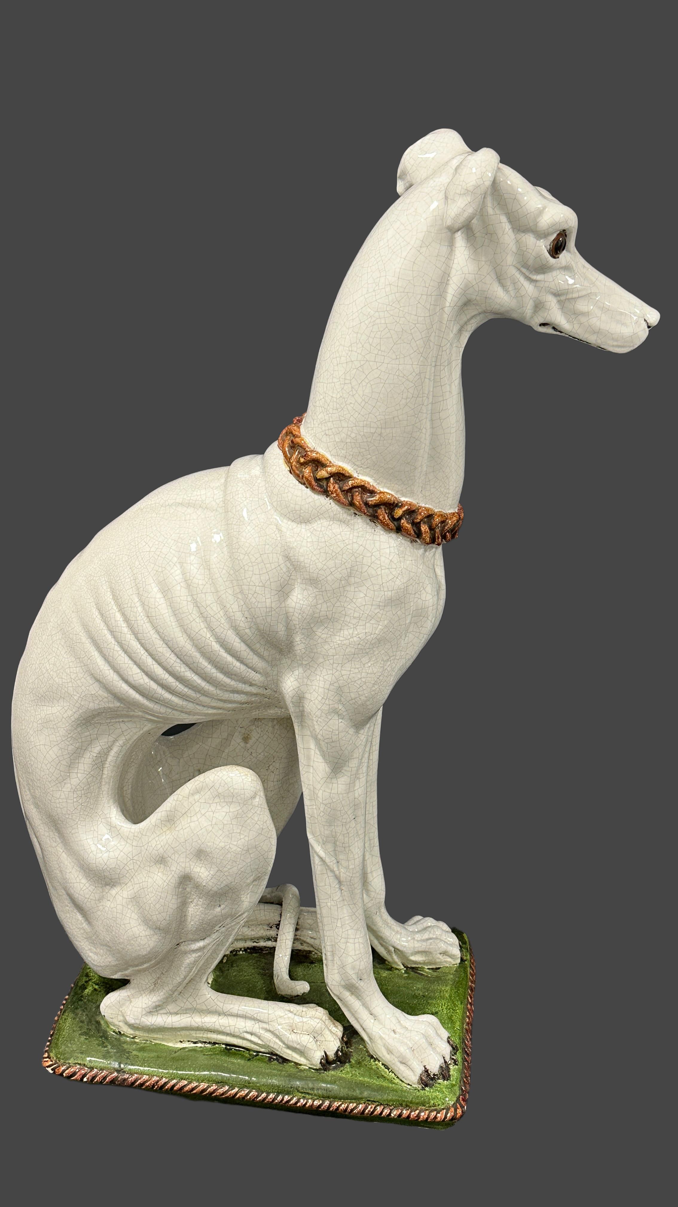 Hand-Crafted ‎Life-Size Italian Galgo Greyhound Majolica Dog Statue Figurine Vintage, 1960s For Sale