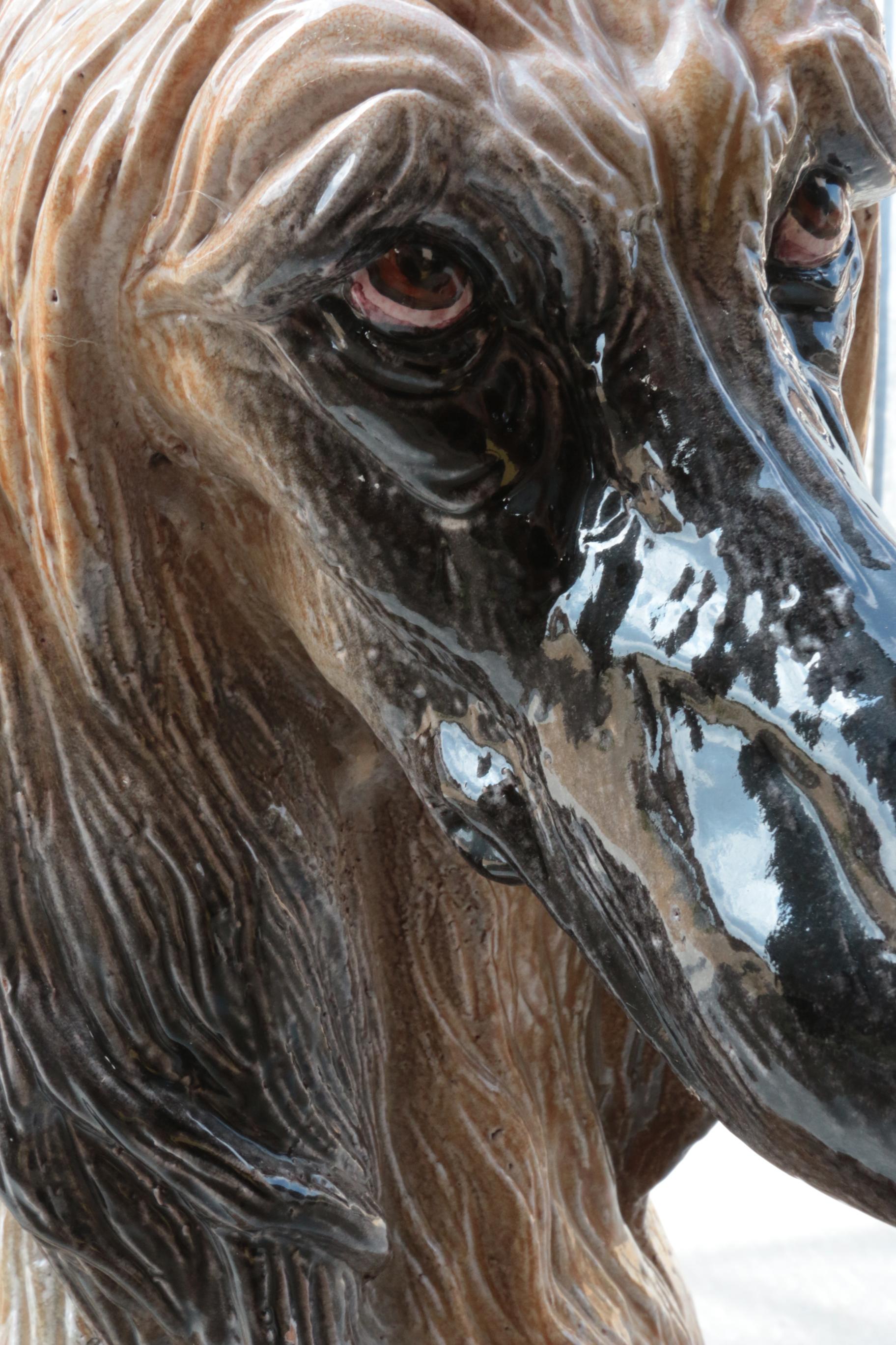 Stunning life size Italian, color and glazed, terracotta figure of a male Afghan Hound.
Dating from circa 1970s.
This truly magnificent dog sculpture has a beautiful girlfriend.
We sell them separately, you can see her on the last photo.
It has