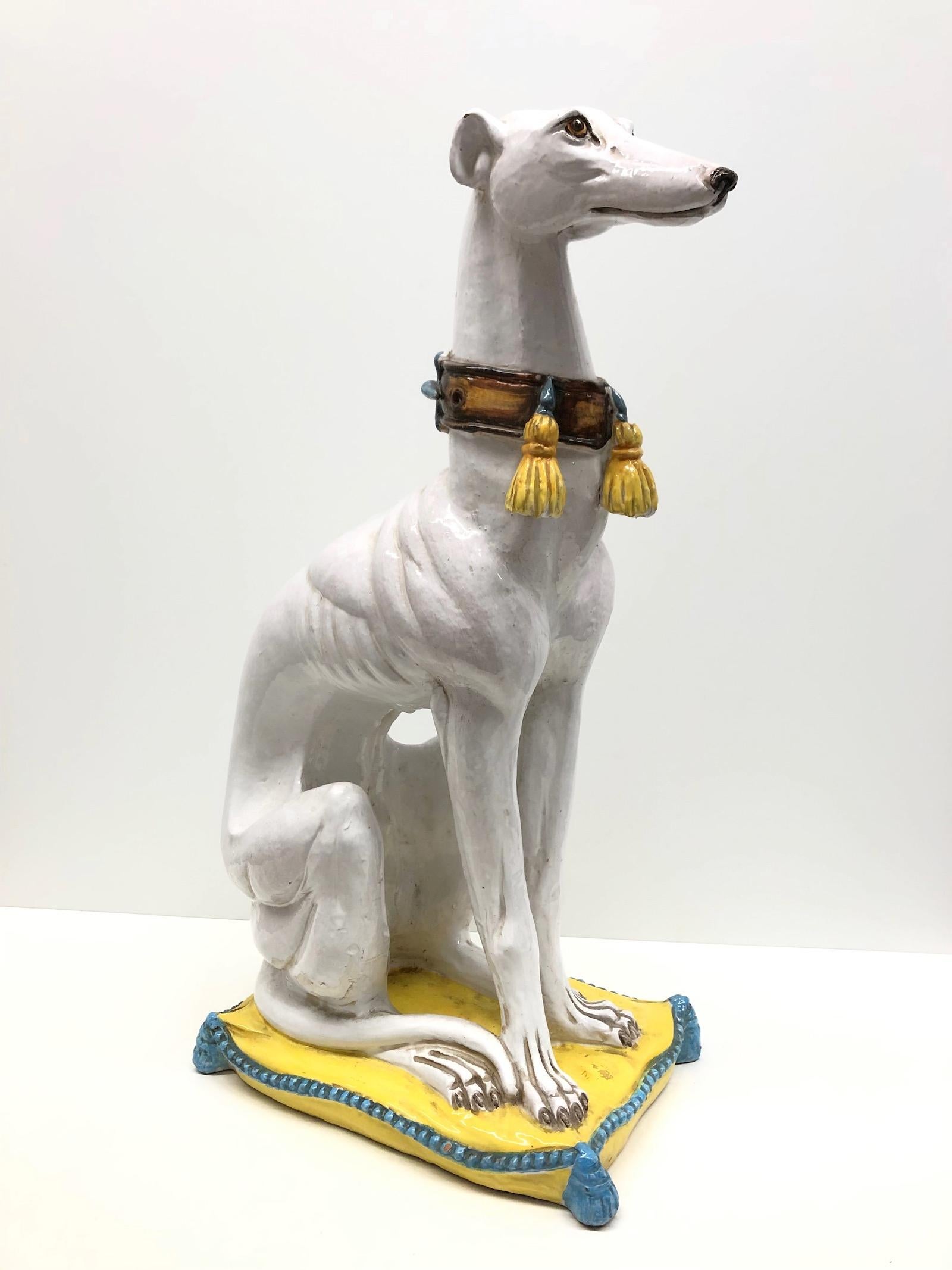 Classic early 1960s Italian Greyhound Majolica Dog Statue Figurine. Nice addition to your room or entry hall. Made of majolica ceramic, hand painted.