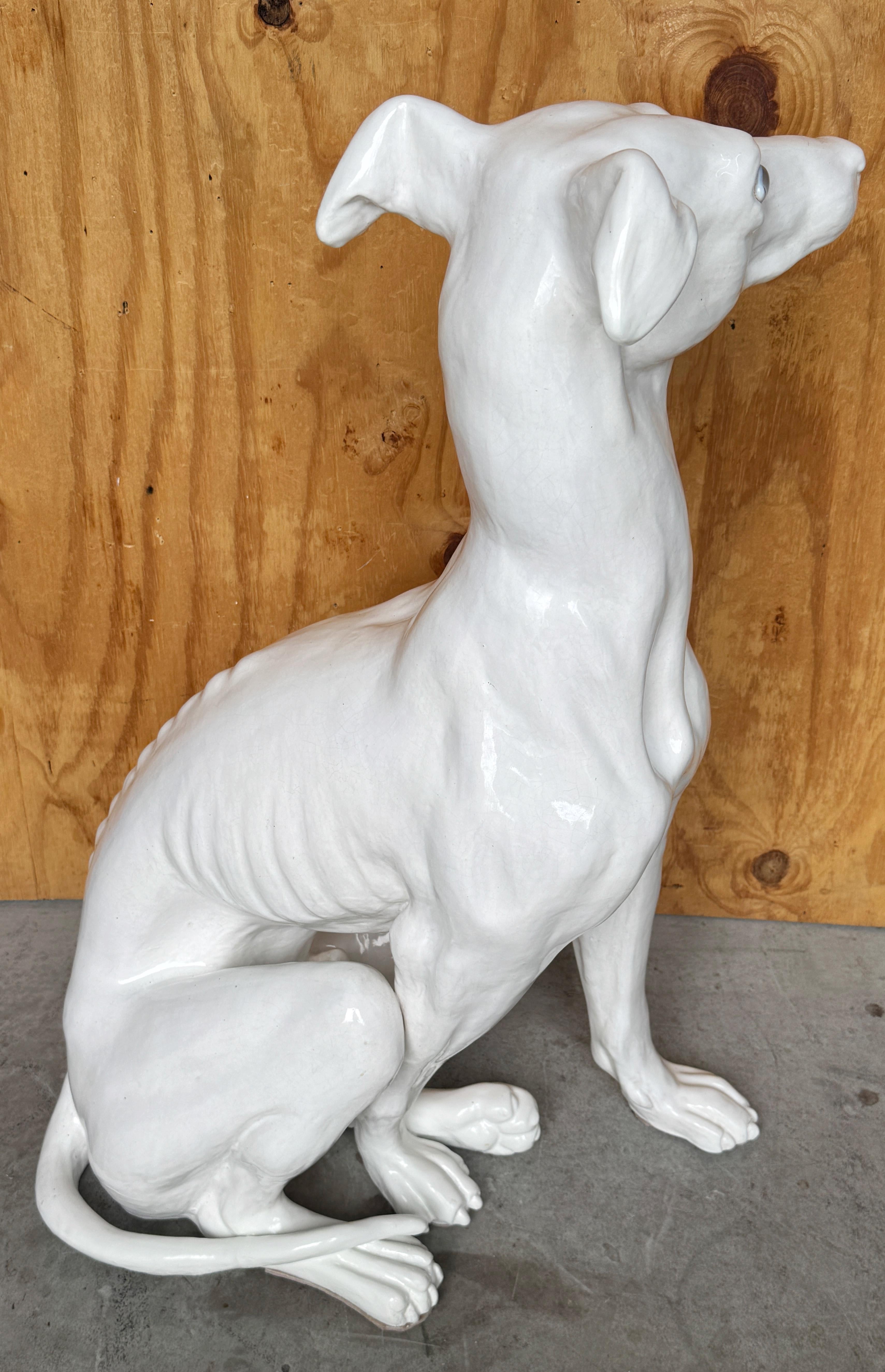 Whippet italiano sentado de la época de Hollywood a tamaño natural, terracota esmaltada blanca en venta 1